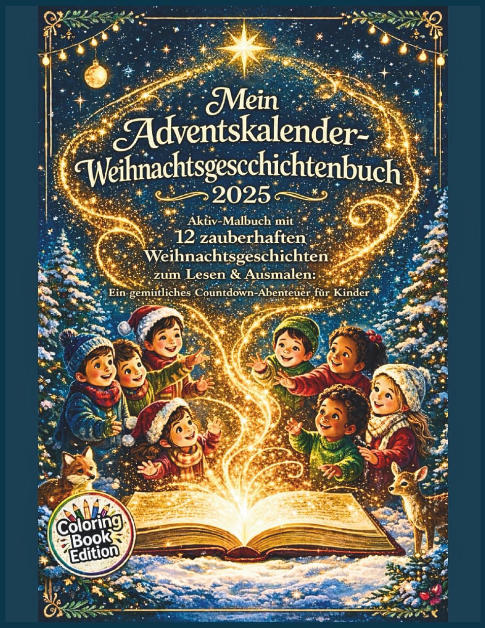 Mein Adventskalender-Weihnachtsgeschichtenbuch 2025: Aktiv-Malbuch mit 12 zauberhaften Weihnachtsgeschichten zum Lesen & Ausmalen: Ein gemütliches Countdown-Abenteuer für Kinder