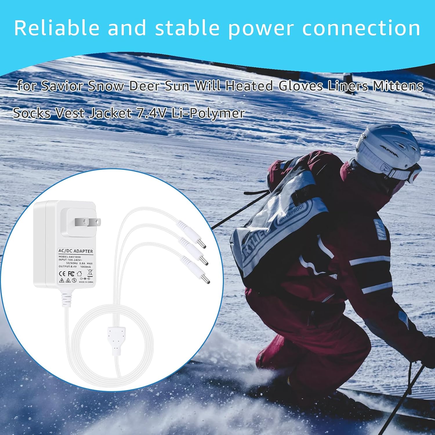 Charger for Heated Glove 7.4V Li-Polymer Battery Compatible with Savior Snow Deer Sun Will Heated Gloves, Socks,Vest-8.4V DC Charger (White)