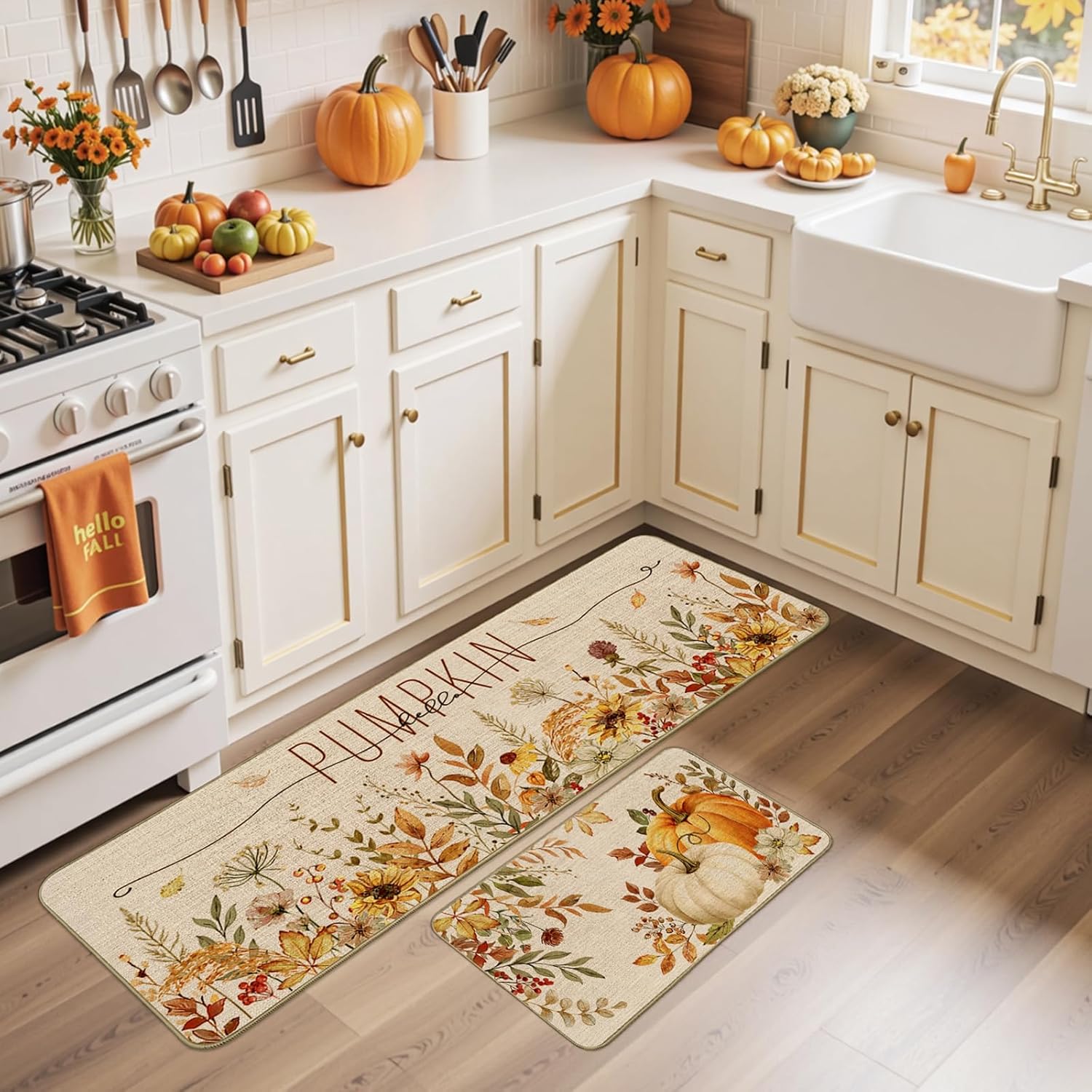 Mocsicka Fall Pumpkin Kitchen Rugs Set of 2, Hello Pumpkin Fall Flowers Non Slip Kitchen Mats Autumn Home Decor Kitchen Floor Rugs for Hallway Laundry Room, 17"x30"+17"x47"