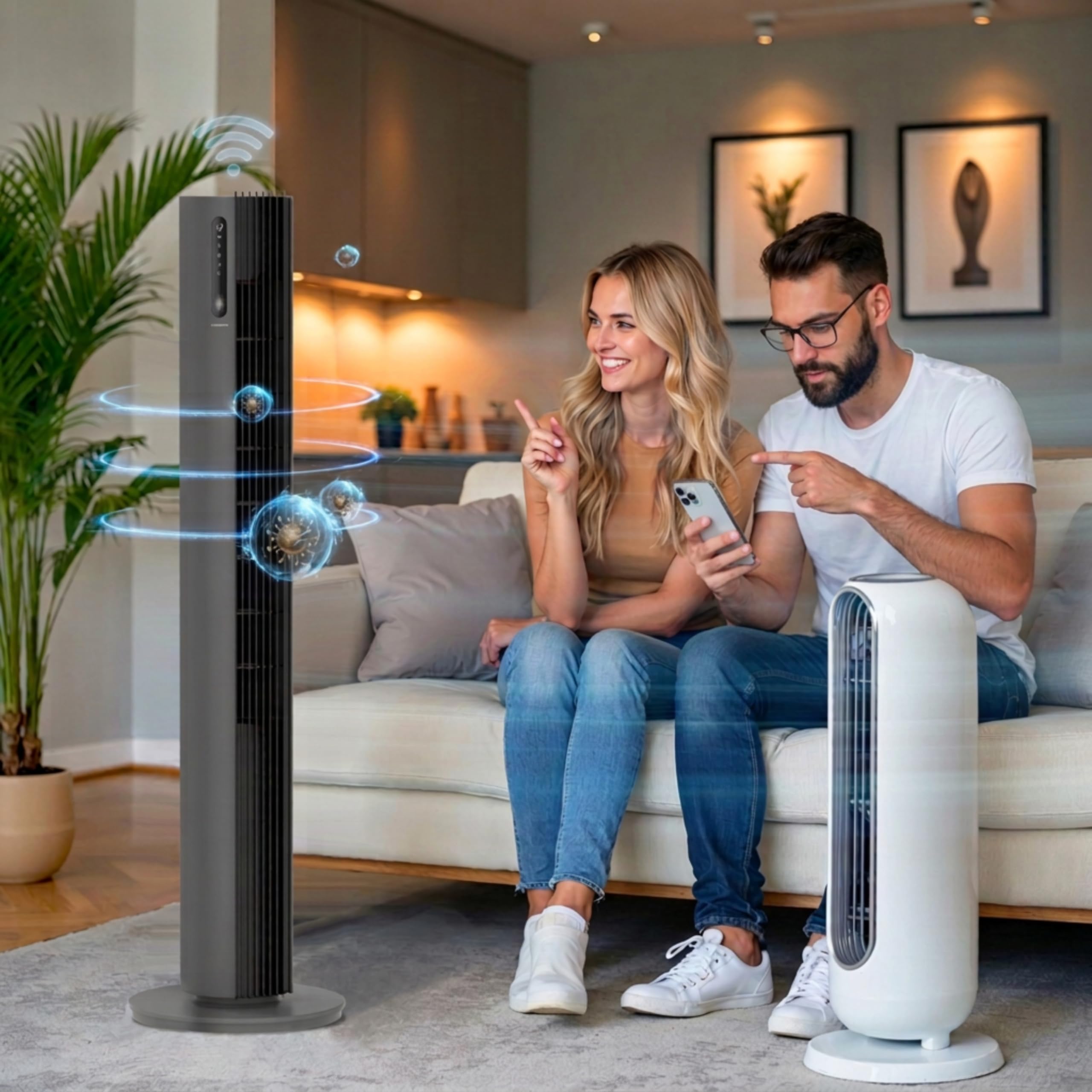 Turmventilator 110 cm PURE Plasma Ionisierung WiFi Tuya Smart Life, Energiesparender 30W DC-Motor, 12 Stufen, Timer, Standventilator sehr leise Ventilator mit Fernbedienung, Tower Fan Grau