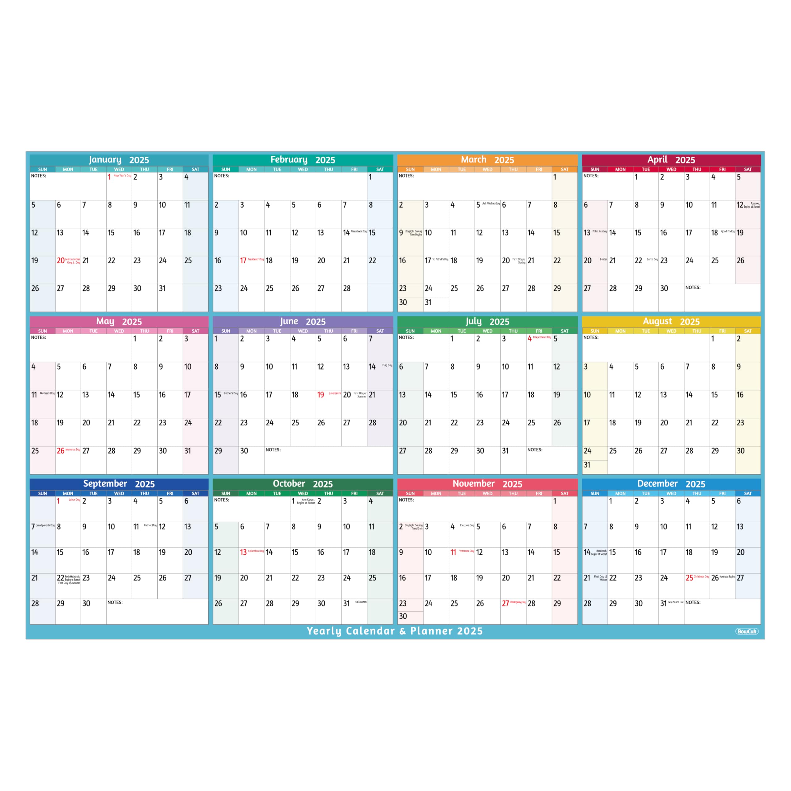 Yearly Wall Calendar 2025 - Large Yearly Calendar 2025, Jan 2025 - Dec 2025, 25.2" x 38.2" (Open), 2025 Calendar, Large Wall Calendar 2025, Full Year Paper Calendar with Notes, Thicker Paper - Multi