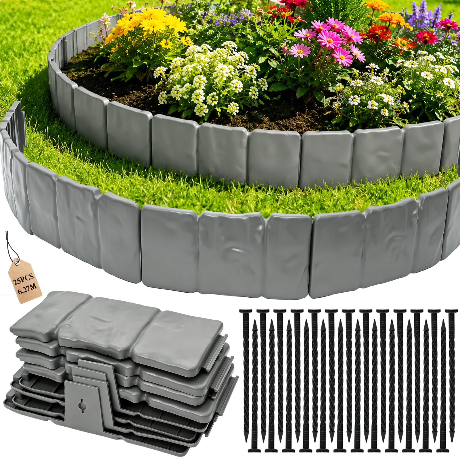 WEXFFU Garden Edging Borders, 25 PCS Stone Effect Lawn Edging Border