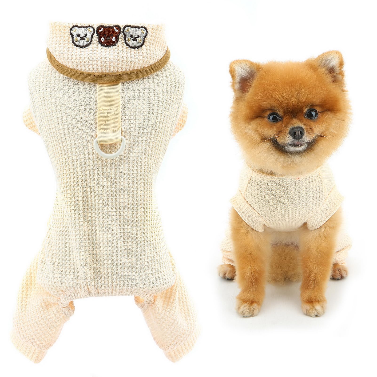 SMALLLEE_LUCKY_STORE Waffle Dog Pajamas for Small Dog, Solid Puppy Pullover Jumpsuit with D-ring and Bear Patch, Stretchable Pet Pjs Summer Spring Pyjamas Chihuahua Yorkie Clothes Beige S