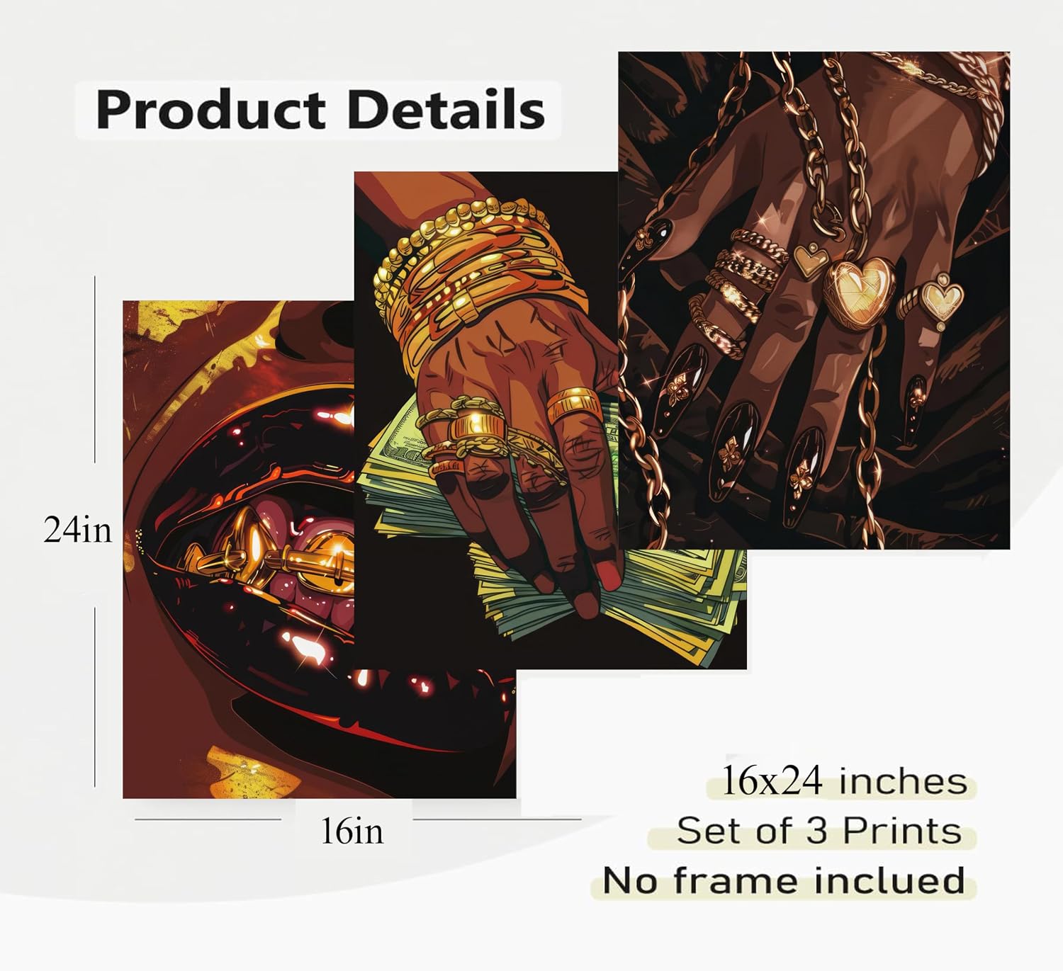 3Pcs Trendy Girl Wall Art Fashion Black Woman Poster Prints Abstract African American Female Canvas Picture for Living Room Bedroom Bathroom Wall Decor 16x24in Unframed