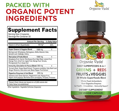Miniatura 2 de Organic Veda Super Greens Reds Veggies Cápsulas  8 en 1 diario 30 superalimentos orgánicos enteros suplemento de frutas y verduras  Enzimas de