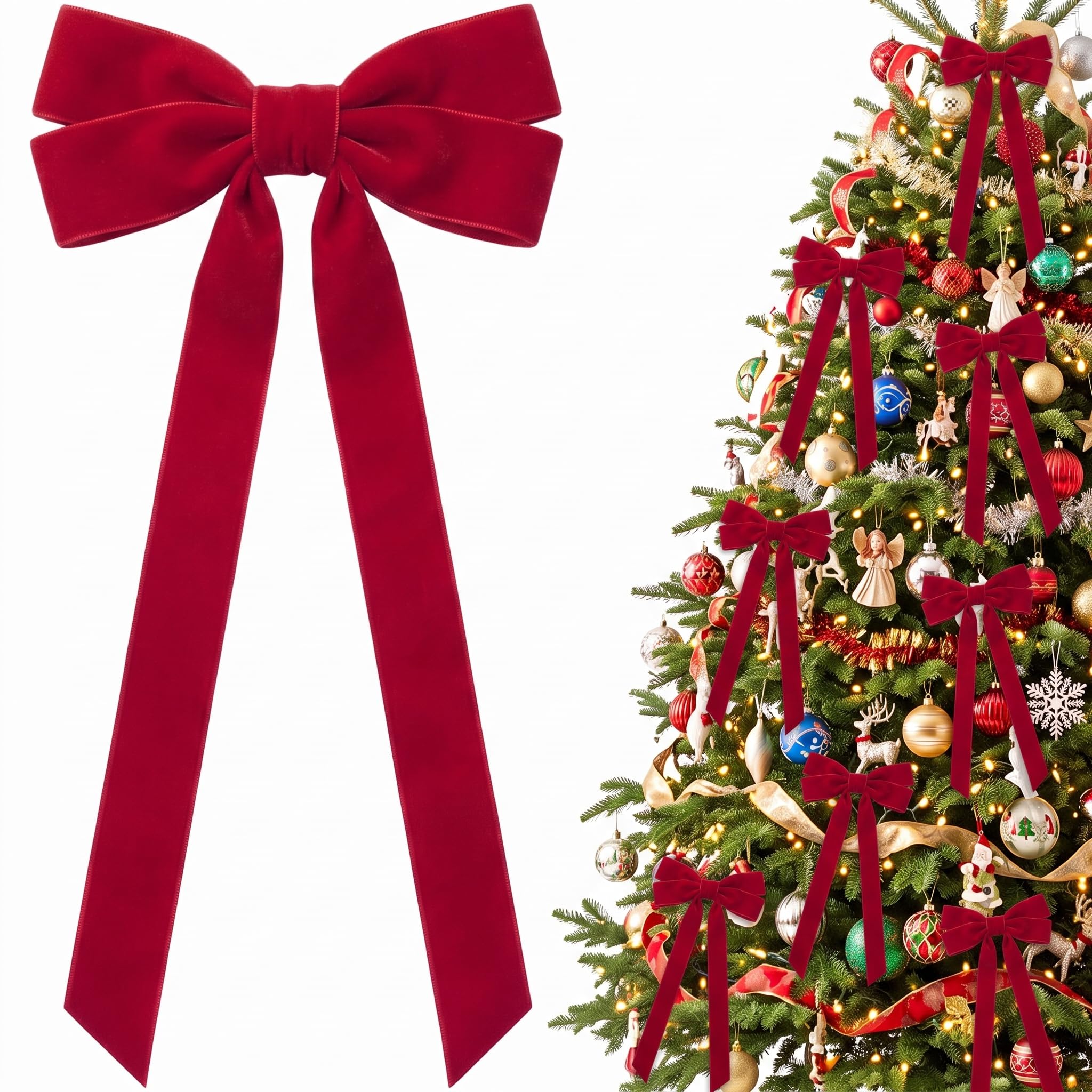 Janinka 24 Pcs Red Large Christmas Velvet Bow Xmas Tree Topper