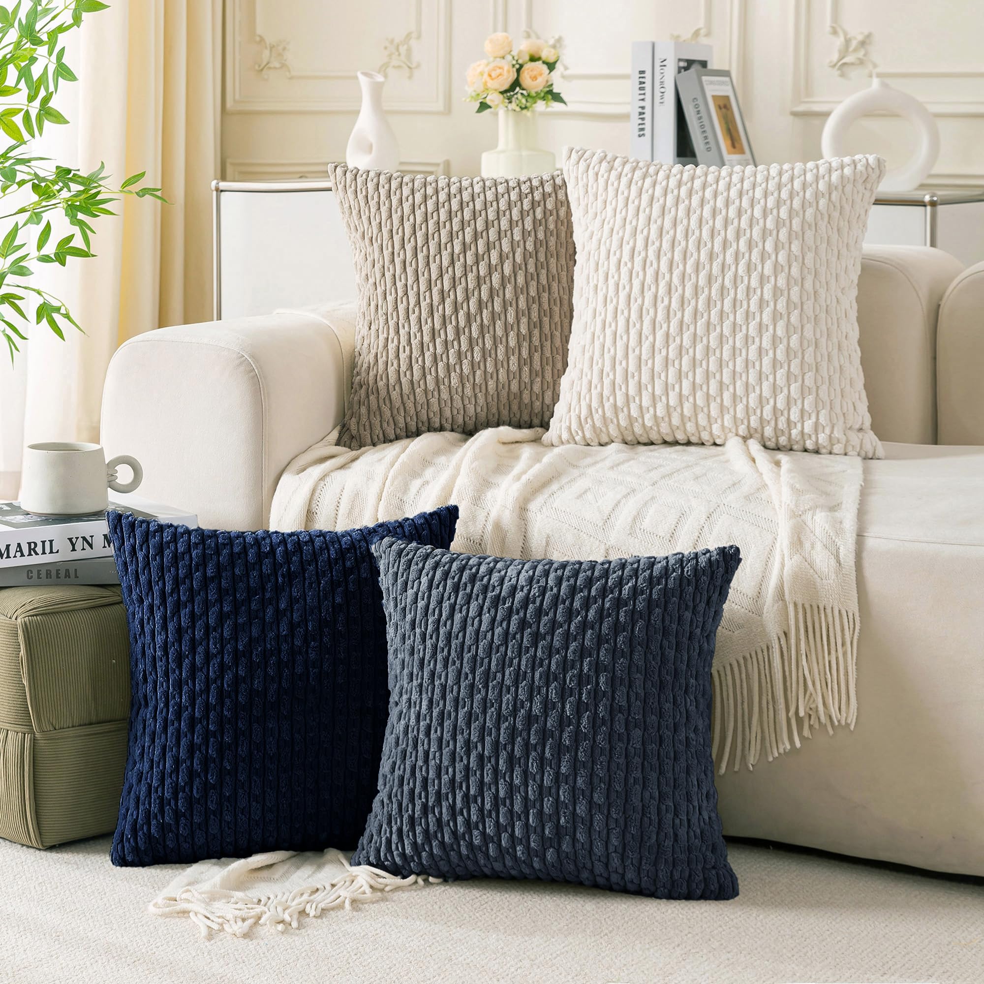 Cozoomy Set of 4 Navy White Taupe Decorative Throw Pillow Covers 18x18 Inch Corduroy Pillow Covers for Bed Couch Sofa Living Room Soft Square Cushion