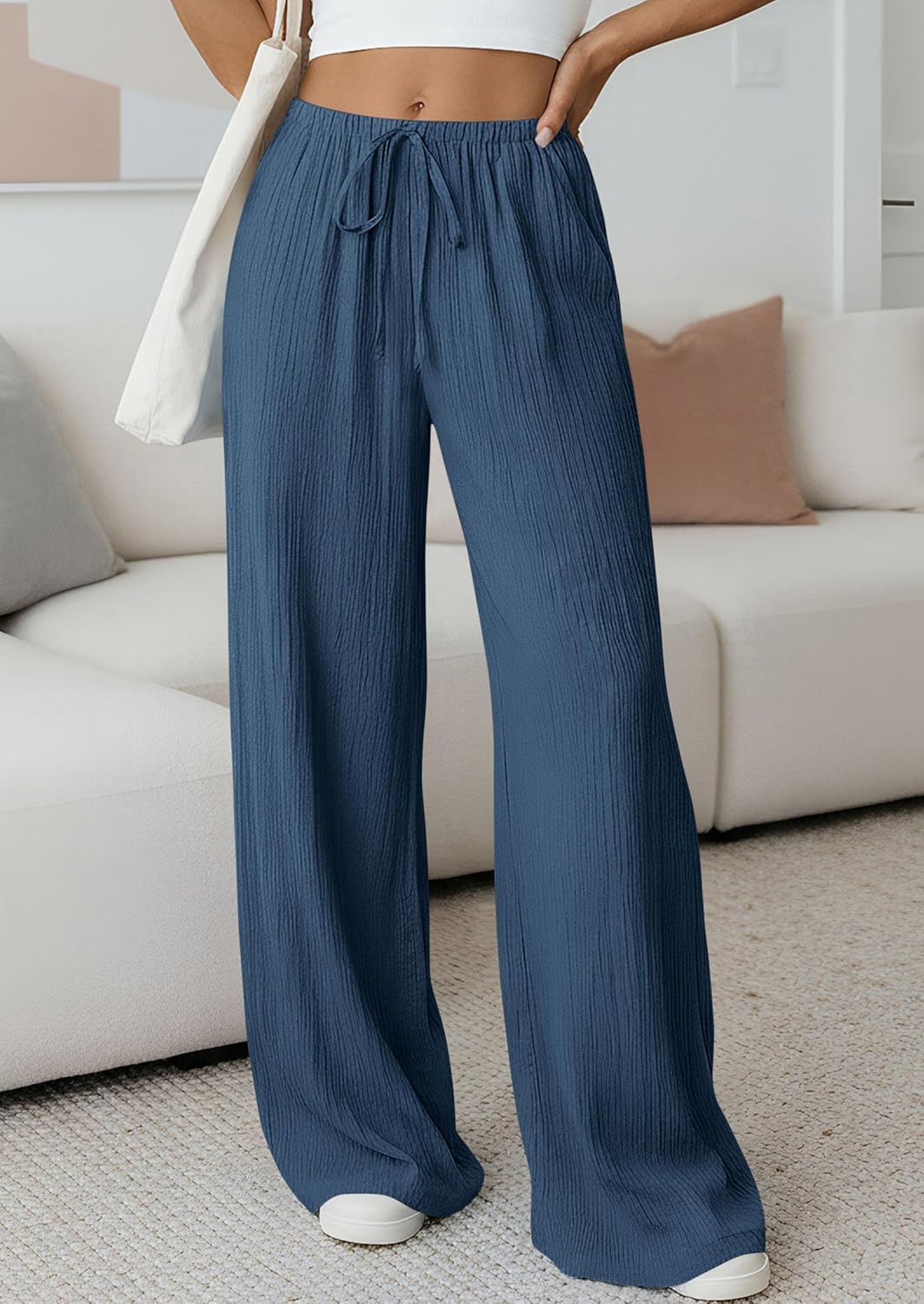 PRETTYGARDEN Womens Palazzo Pants Summer Fashion 2026 High Waisted Wide Leg Drawstring Flowy Beach Trousers with Pockets - Image 2