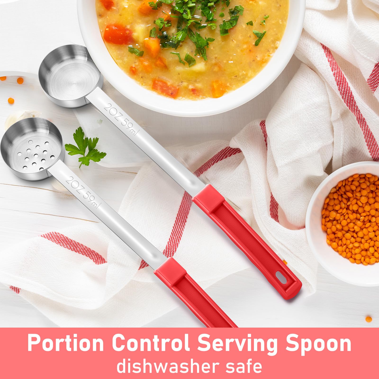 Teenyyou Juego de 8 cucharas de servir para control de porciones, cucharas de porción, cucharas de acero inoxidable sólido y ranurado para alimentos, juego de utensilios de servir para fiestas (rojo,