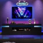 Meuble TV LED pour téléviseurs de 75/80/85 po, centre de divertissement moderne à haute brillance avec prises de courant, lumières LED RGB et étagères de rangement en verre, table console multimédia pour le salon et la chambre, noir