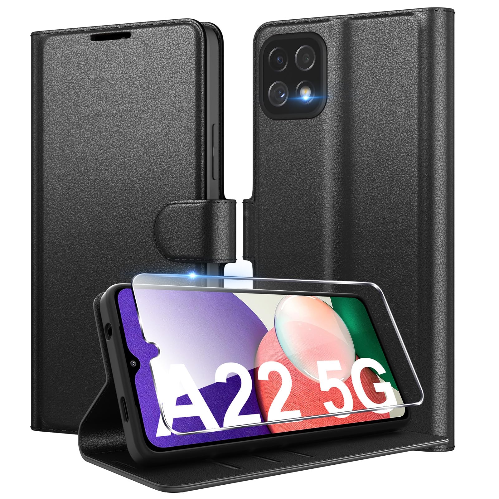 Eirltiy Cover per Samsung Galaxy A22 5G Portafoglio Pelle PU Premium, Custodia Scomparti Carte Antiurto Protettiva Case con 1 Vetro Temperato, Nero