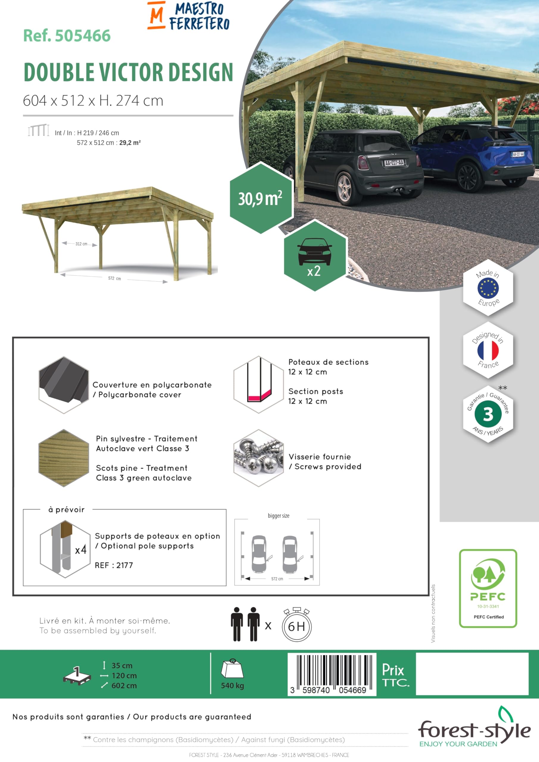 Carport 2 Voitures en Bois traité 29,2 m² - Victor Design 604x512x273 cm - Cerland