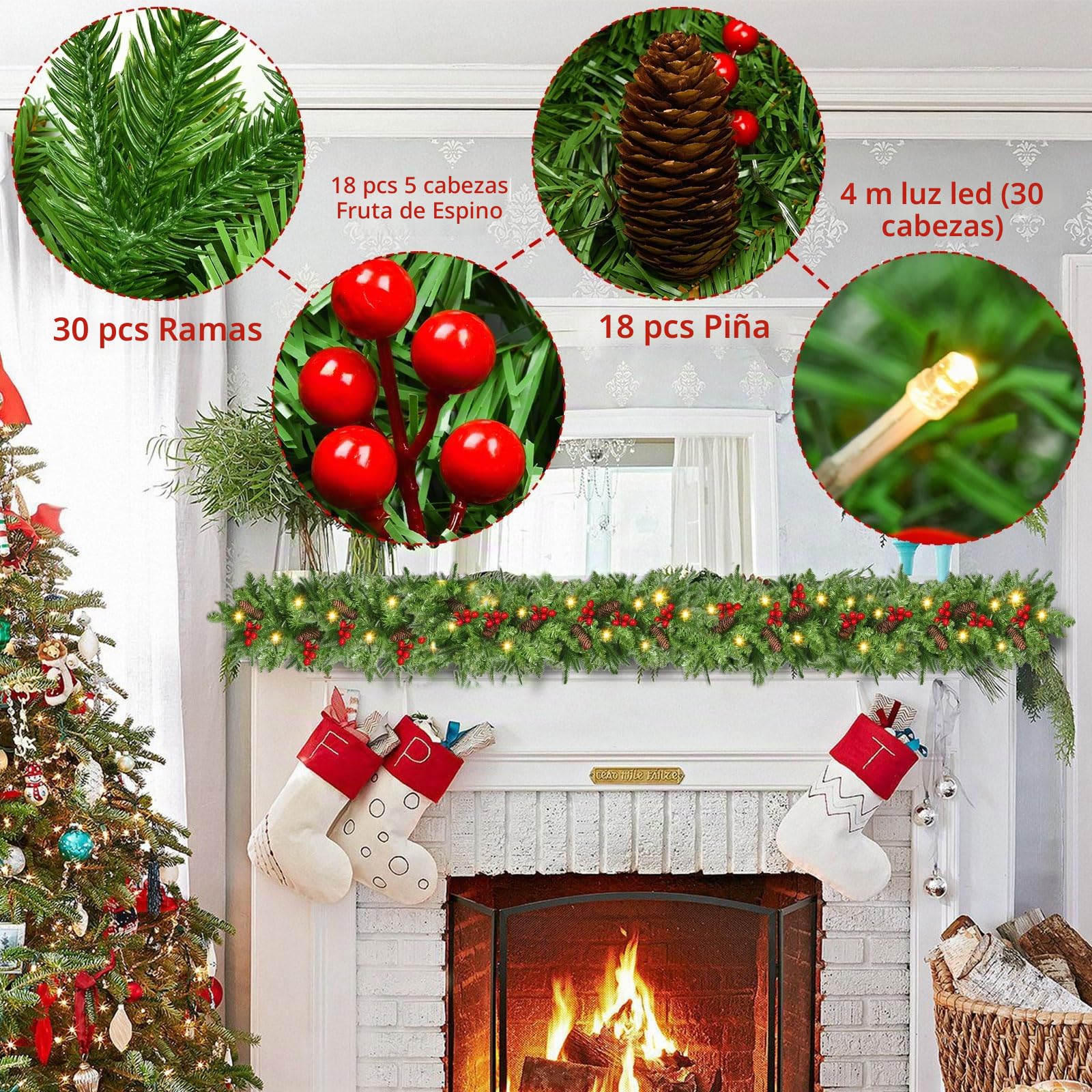 NUZEKY Guirnalda de Navidad, 2,7 m, Guirnalda de Abeto con 30 Luces LED, Guirnalda de Navidad, Guirnalda de Navidad para Exterior con Flores, Bolas para Interior y Exterior, Chimenea, Escalera