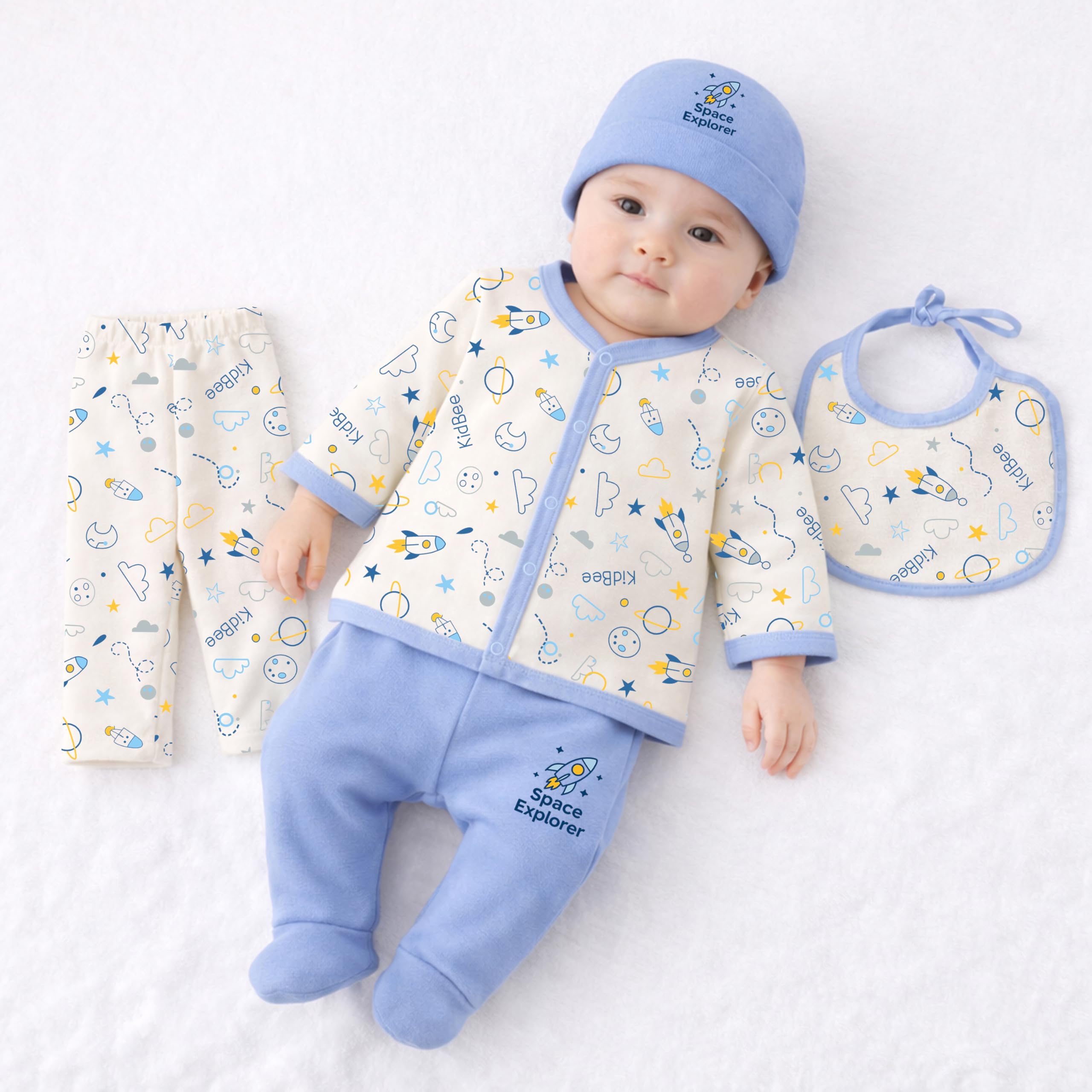 Baby Clothing Gift Set for Boys & Girls, 5 Piece Newborn Clothing Combo with Front Open Top, Pajama, Printed Pant, Cap & Bib, Soft Cotton, 0–6 Months Baby-image-17