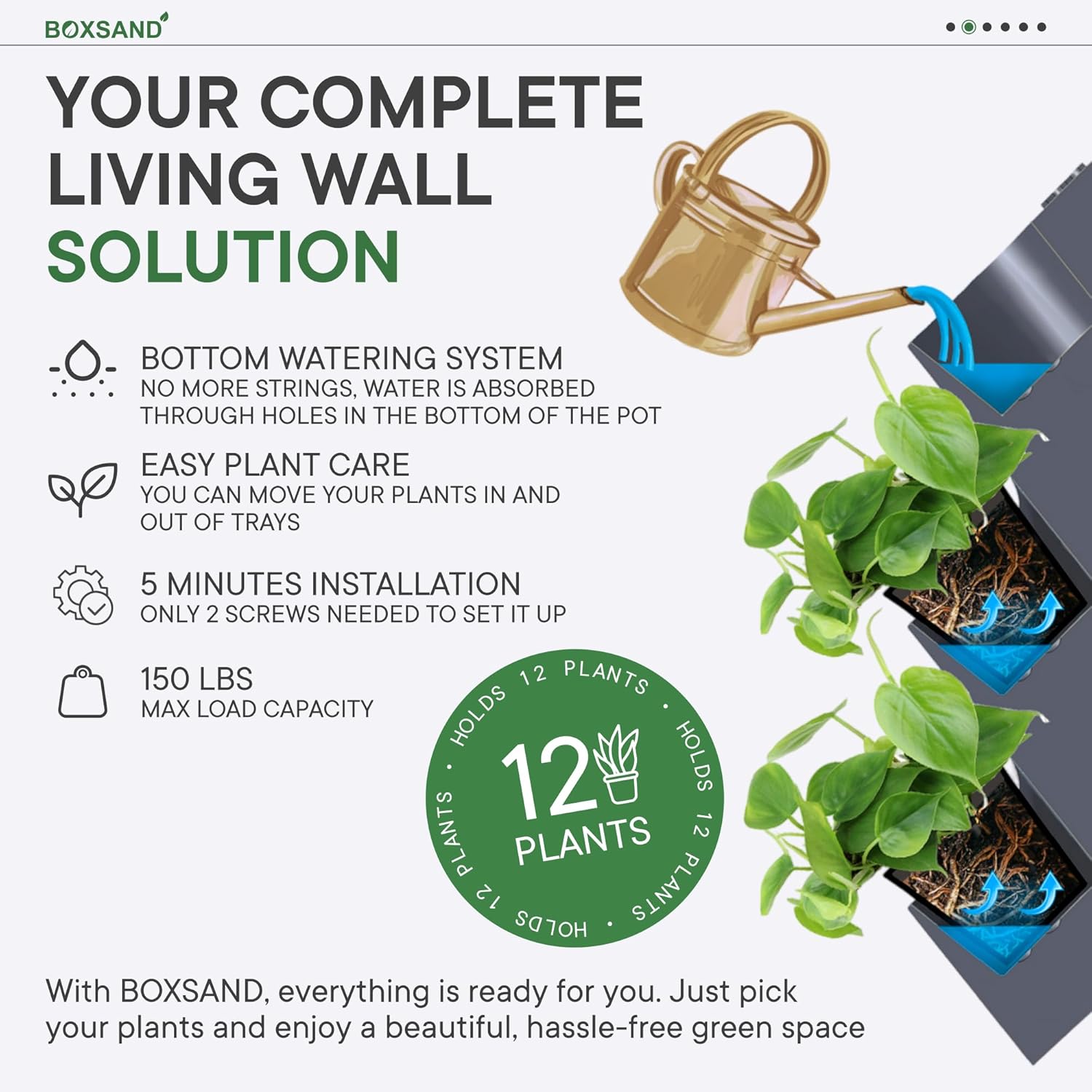 BOXSAND-12 Vertical Wall Planter (24"x26", Black, no pots) – Living Wall for 12 Plants, Indoor/Outdoor Vertical Garden System, Easy 2-Screw Install