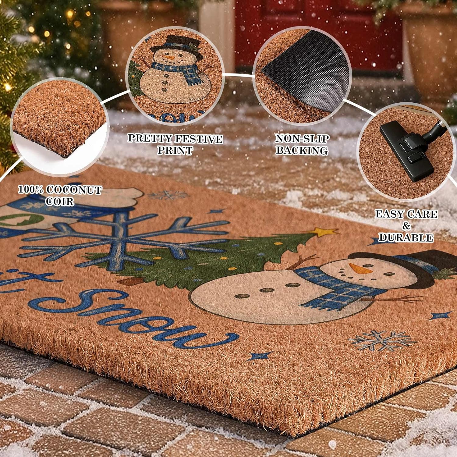 Lanpn Christmas Welcome Natural Coir Door Mat, Snowman Large Coco Front Door Outdoor Doormat Outside Entrance Porch Non Slip Rubber Rug Winter Xmas Farmhouse Decor (Brown, 36x24 inch)