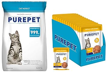Purepet Adult(+1 Year) Dry Cat Food, Ocean Fish - 7kg & All Life Stages Wet Cat Food, Real Tuna and Chicken Liver in Gravy, 15 Pouches (15 x 70g)