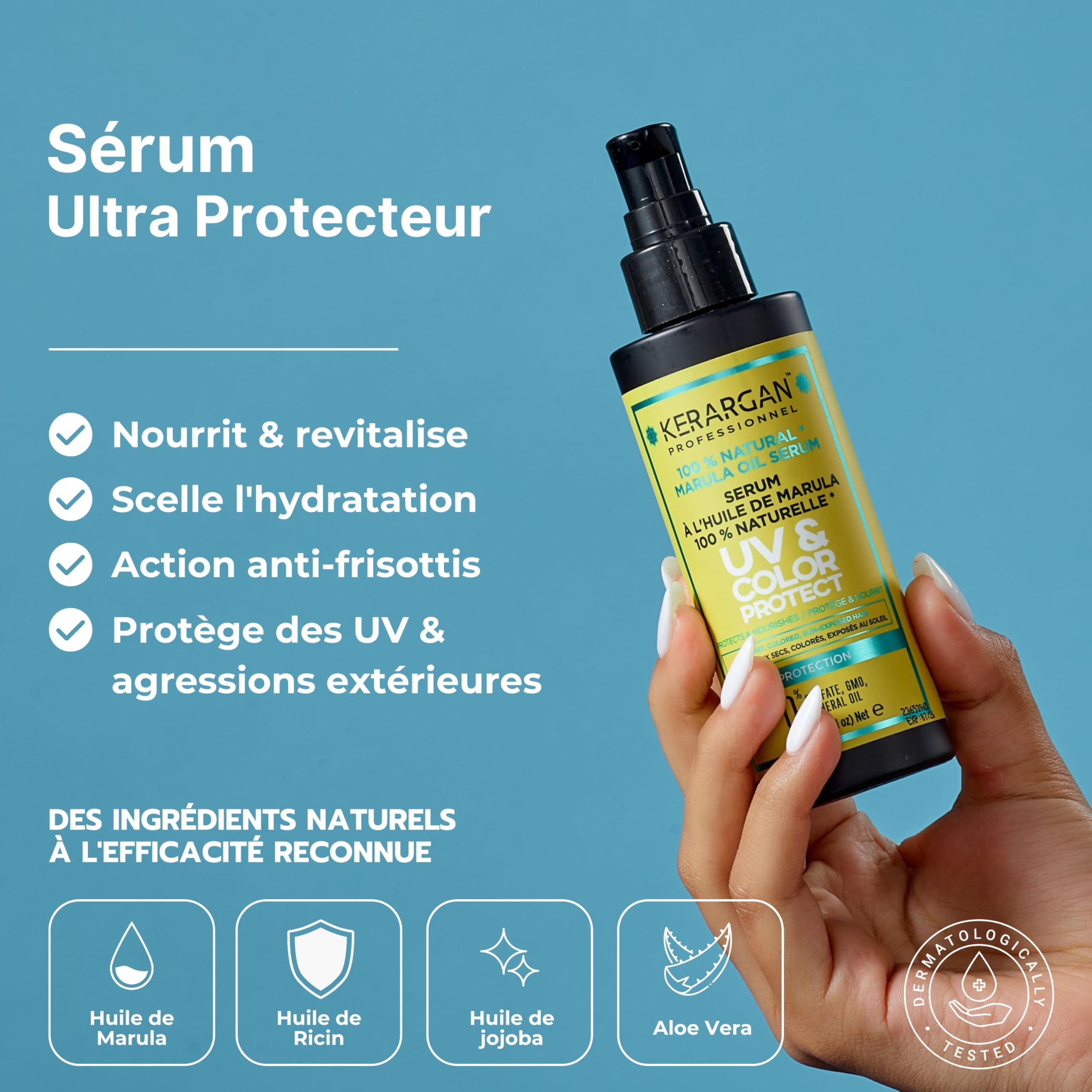 KERARGAN - Routine Marula 5 Soins Protection UV Couleur - 3x500ml+2x100ml | Shampoing, après-shampoing, masque, sérum et spray 17-en-1, routine complète de protection UV et couleur