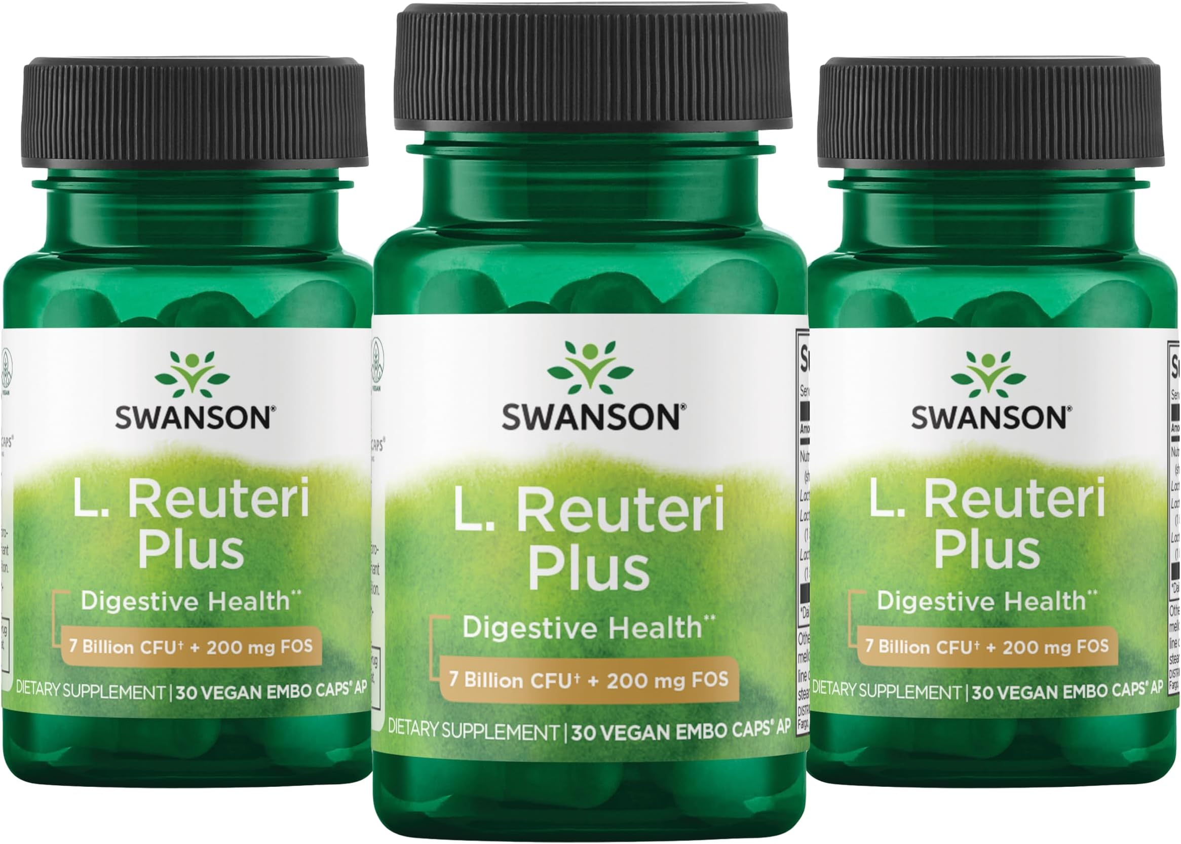 Swanson L. Reuteri Probiotic Plus with L. Rhamnosus, L. Acidophilus & FOS Prebiotic for Gut-Health-Conscious Adults - 7 Billion CFU (30 Vegan Capsules, 3 Pack)