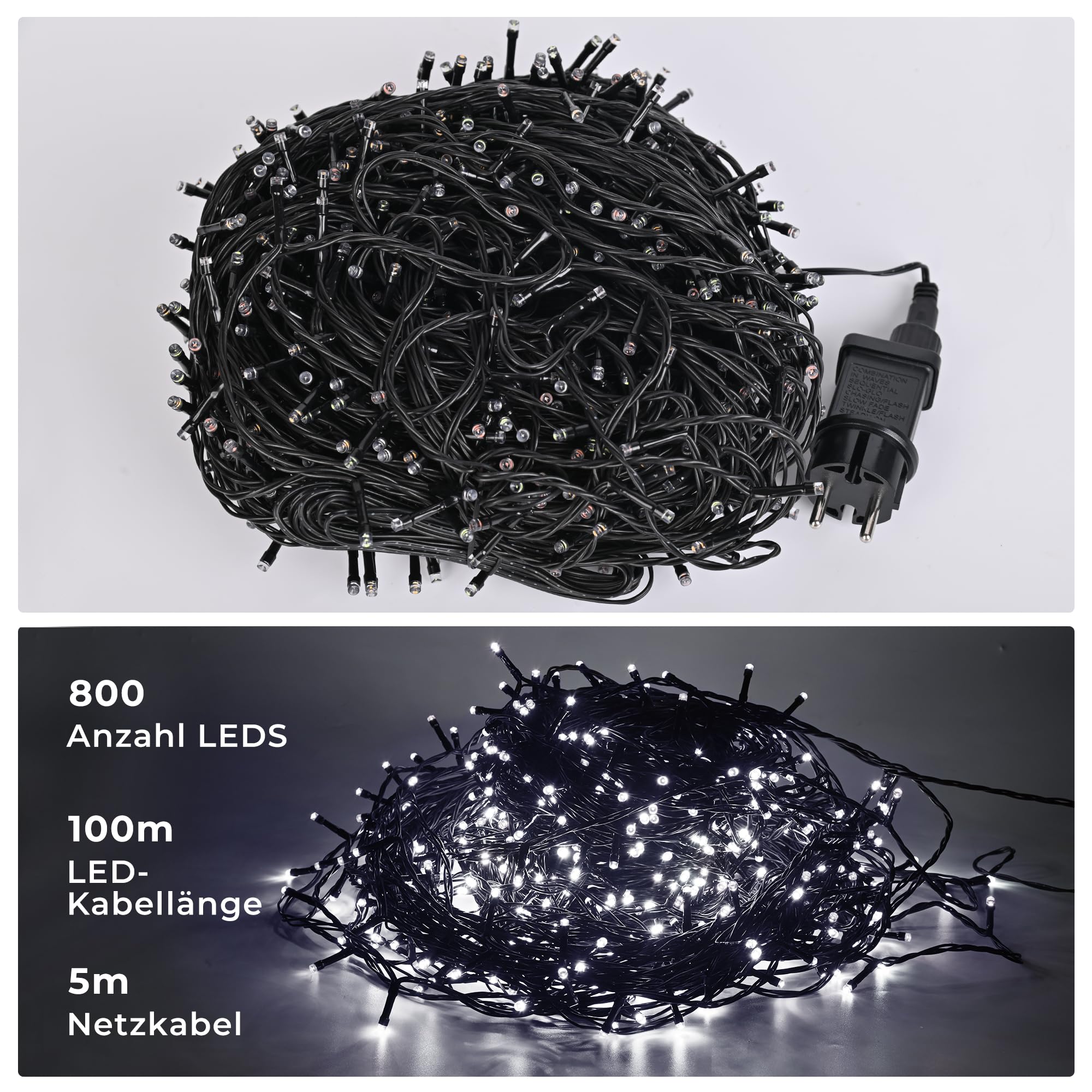 LED Lichterkette Außen, 100 m 800 LED Weihnachtsbaum Lichterkette, 8 Modi LED Lichterkette Innen mit Timing- und Speicherfunktion Für Weihnachten, Party, Hochzeit, Garten, Balkon Deko (Kaltweiß)