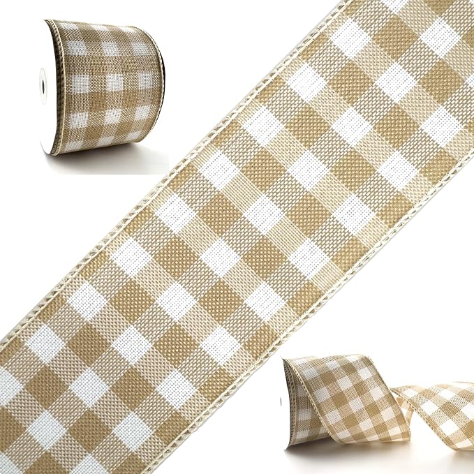 Beige and White Check Wired Ribbon - 2.5 Inch Wide