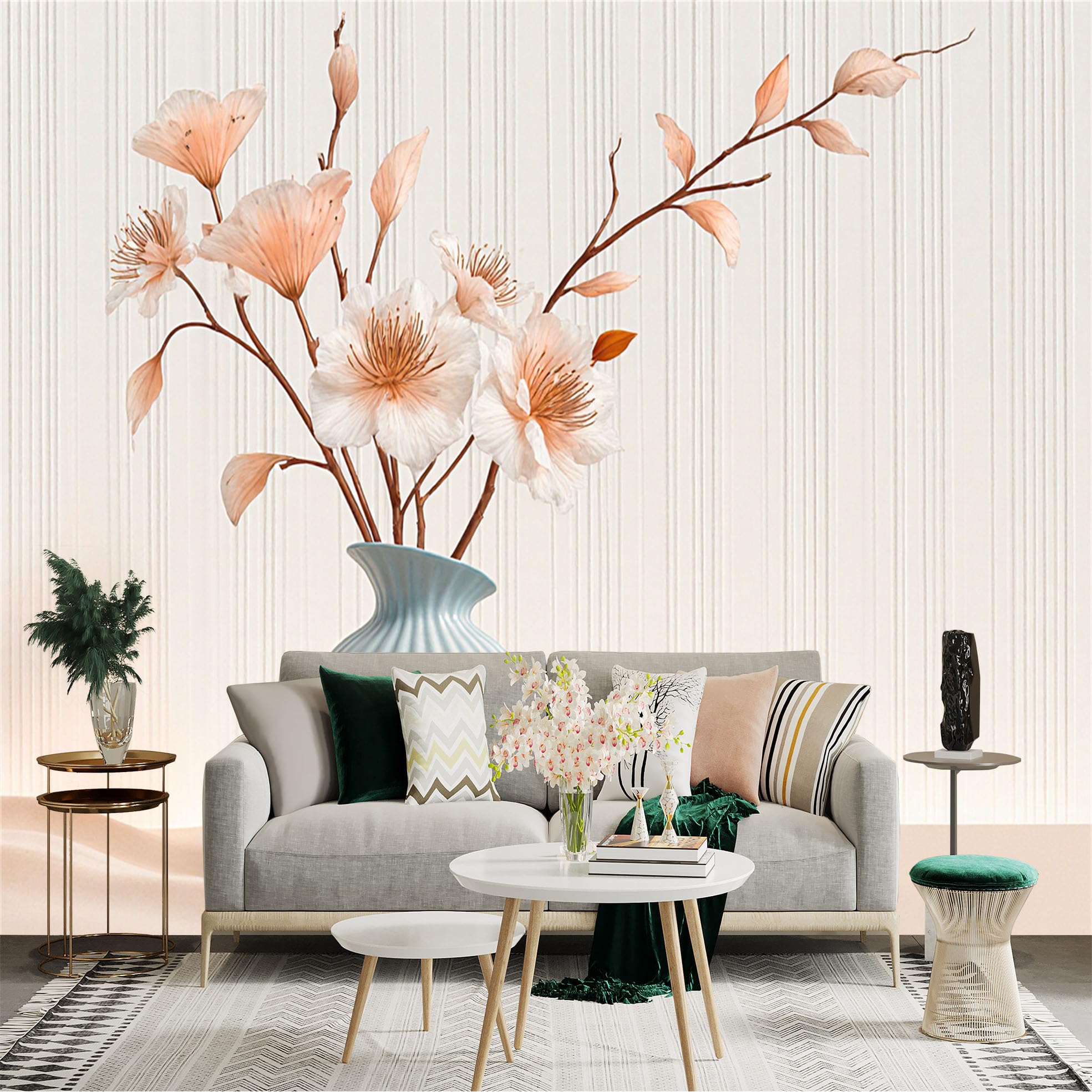 Custom Size Wall Sticker Mural， Elegant Soft Peach Flowers in Ceramic Vase， Minimalist Still Life Composition， for wall Decoration， peelandstick wall Decals.