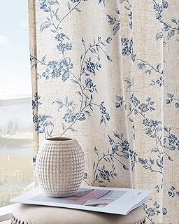 jinchan Linen Floral Curtains for Living Room 84 Inch Length Blue Printe...
