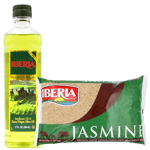 Iberia Aceite de oliva virgen extra y aceite de girasol, 17 onzas líquidas + arroz jazmín marrón Iberia 5 libras.
