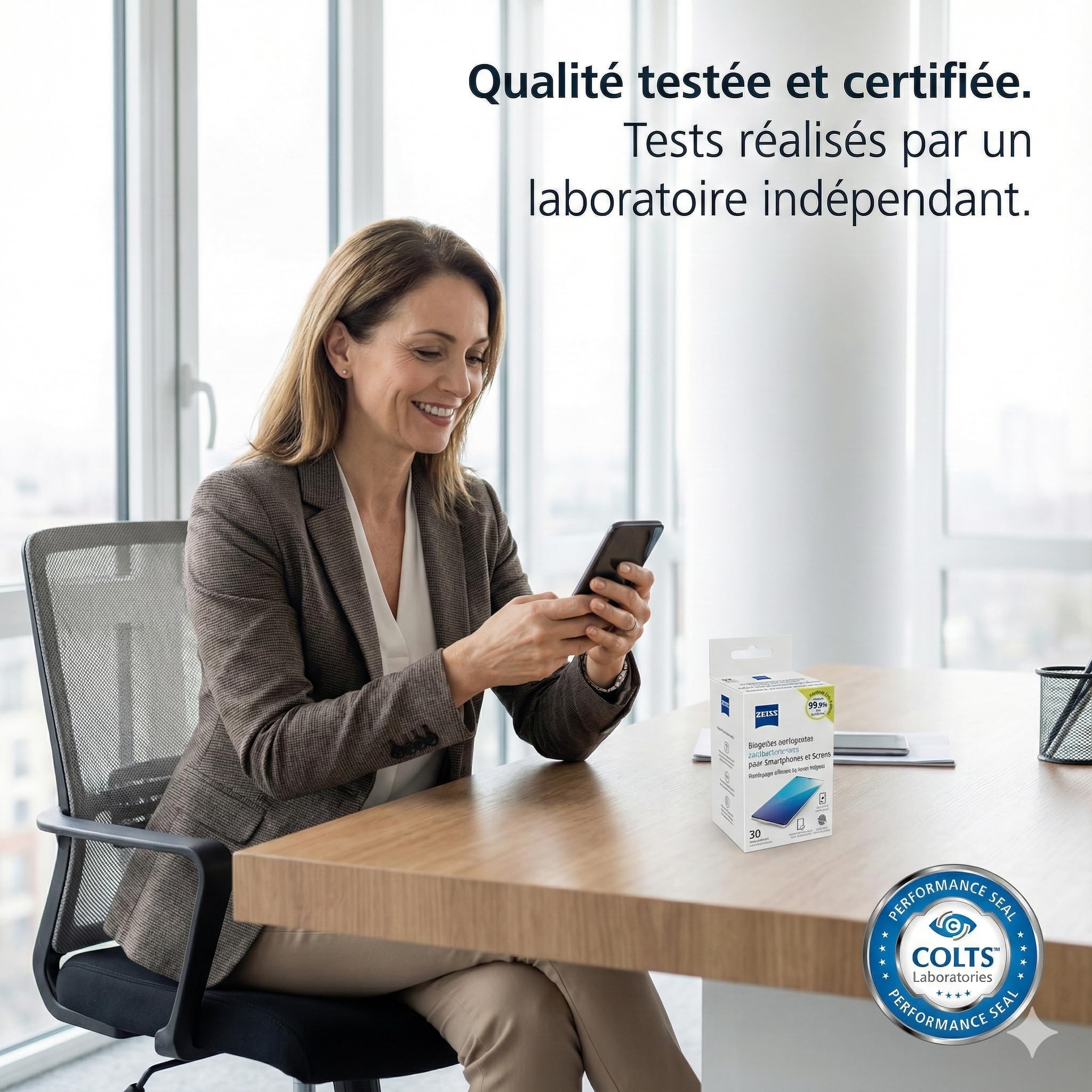 Zeiss - Lingettes Nettoyantes Antibactériennes pour Smartphones et Écrans - Boîte de 30 - Éliminent 99,9% des Bactéries - Microfibres sans Rayures - Sachets Individuels - Compatibles Tous Écrans