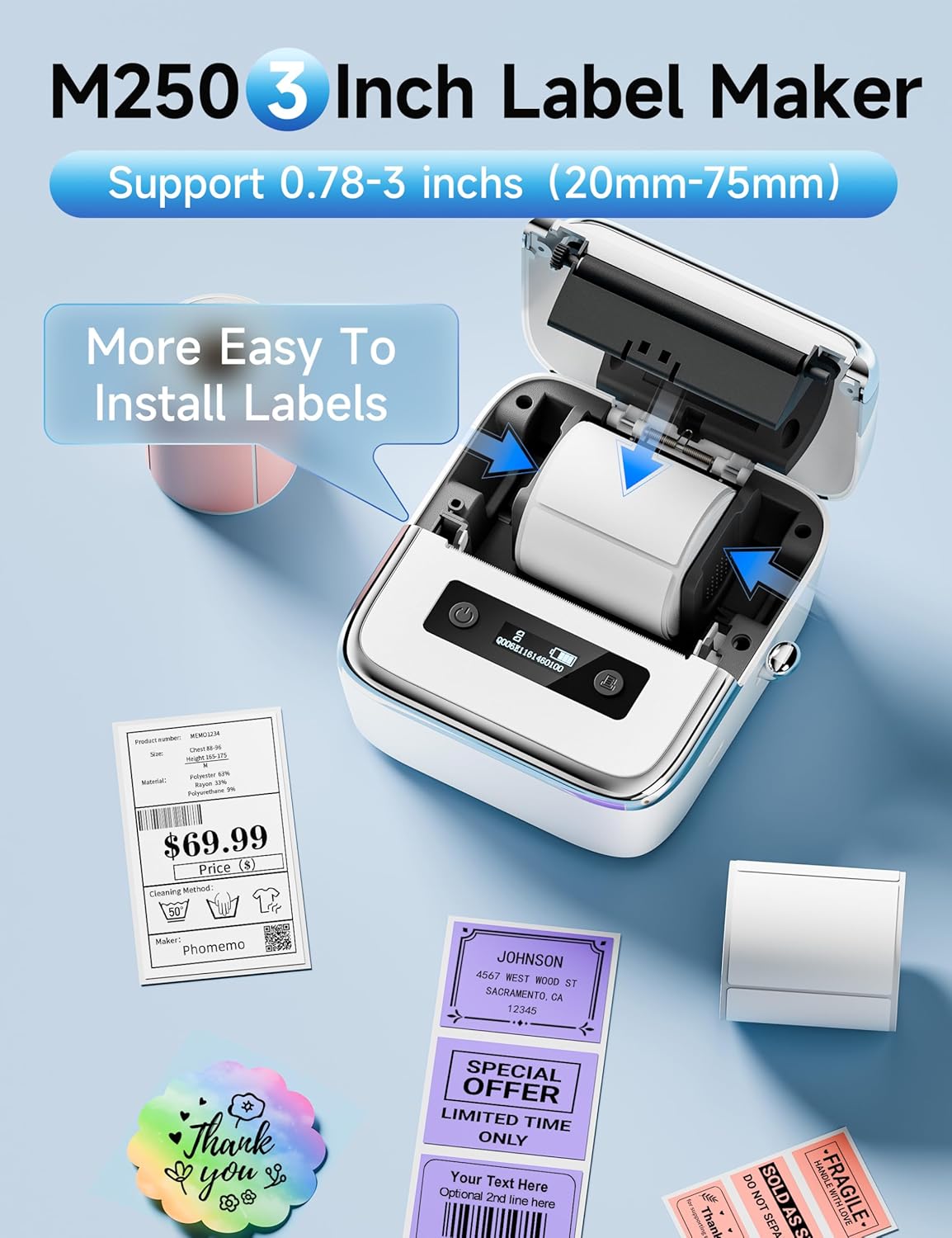 Phomemo M250 Label Maker with its top cover open, showing how to install labels