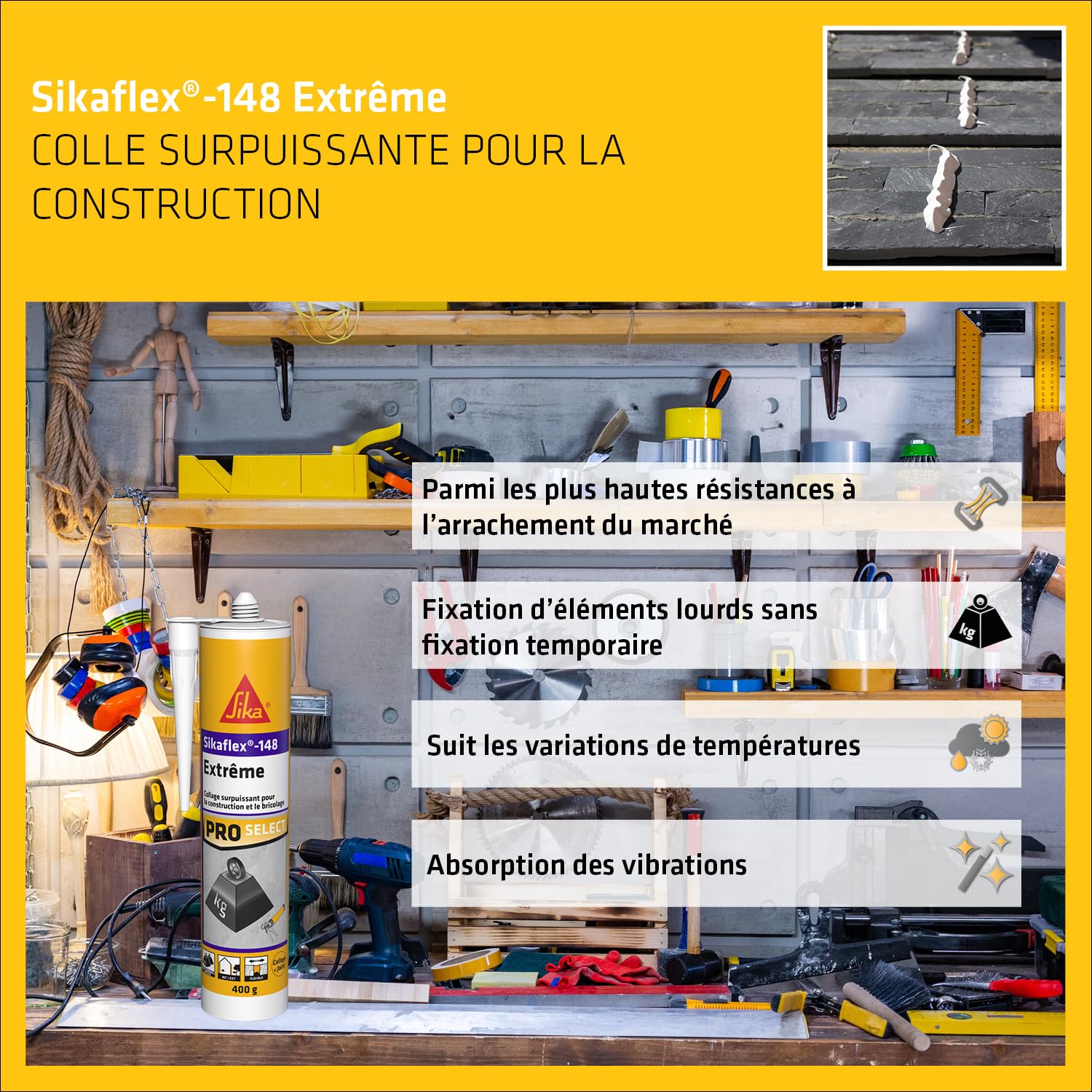 SIKA - Colle de fixation élévée à maintien immédiat - Intérieur et extérieur - Blanc - 290ml + 2x Mastic silicone à séchage rapide - Anti-moisissures - Joint sanitaire - Blanc - 2x300ml