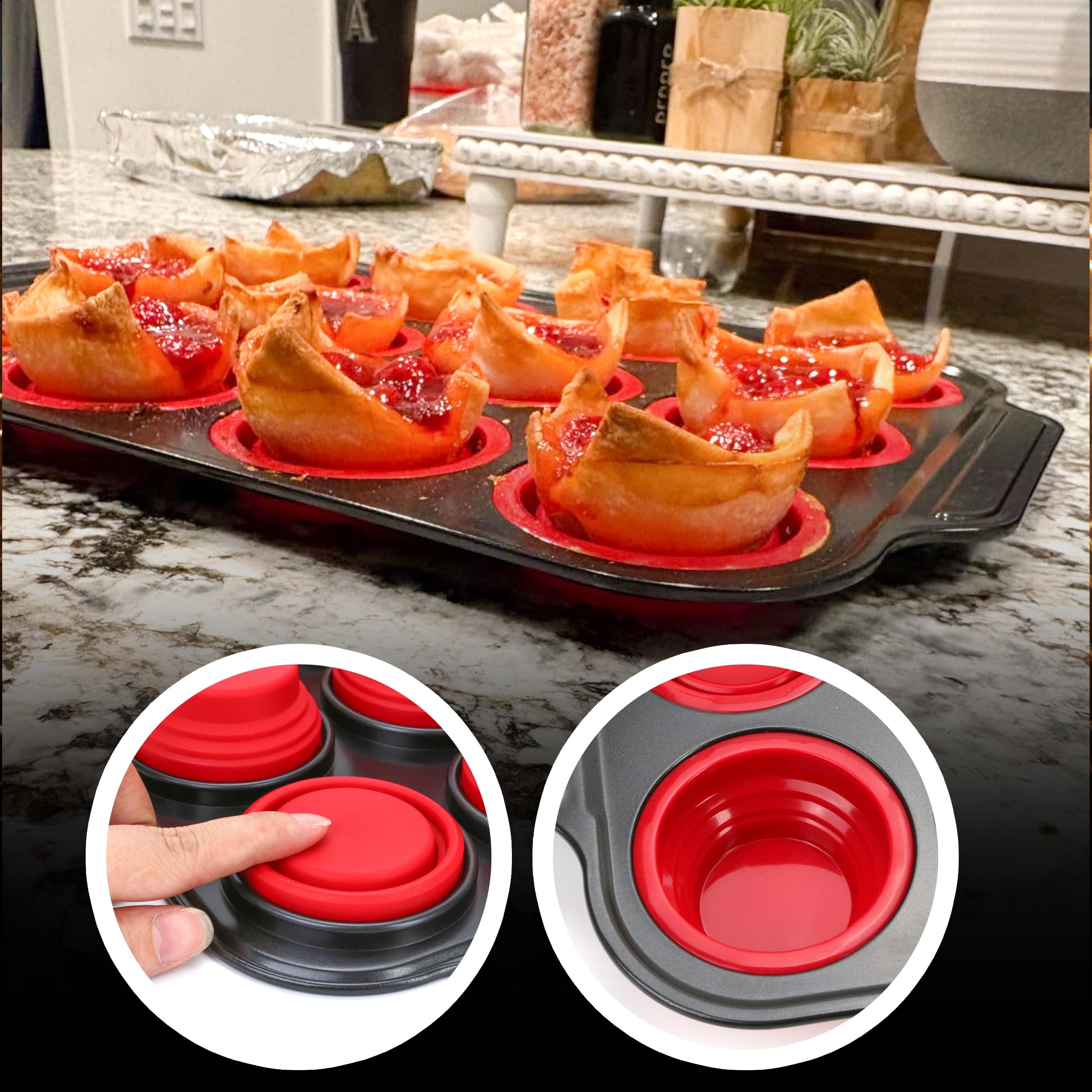 2024 Silikon-Muffinform, roter Metallrahmen, Muffinform, Eierbissen, Cupcake-Form, ofen- und spülmaschinenfest, Mini-Muffinformen zum Backen, antihaftbeschichtet, 12 Stück