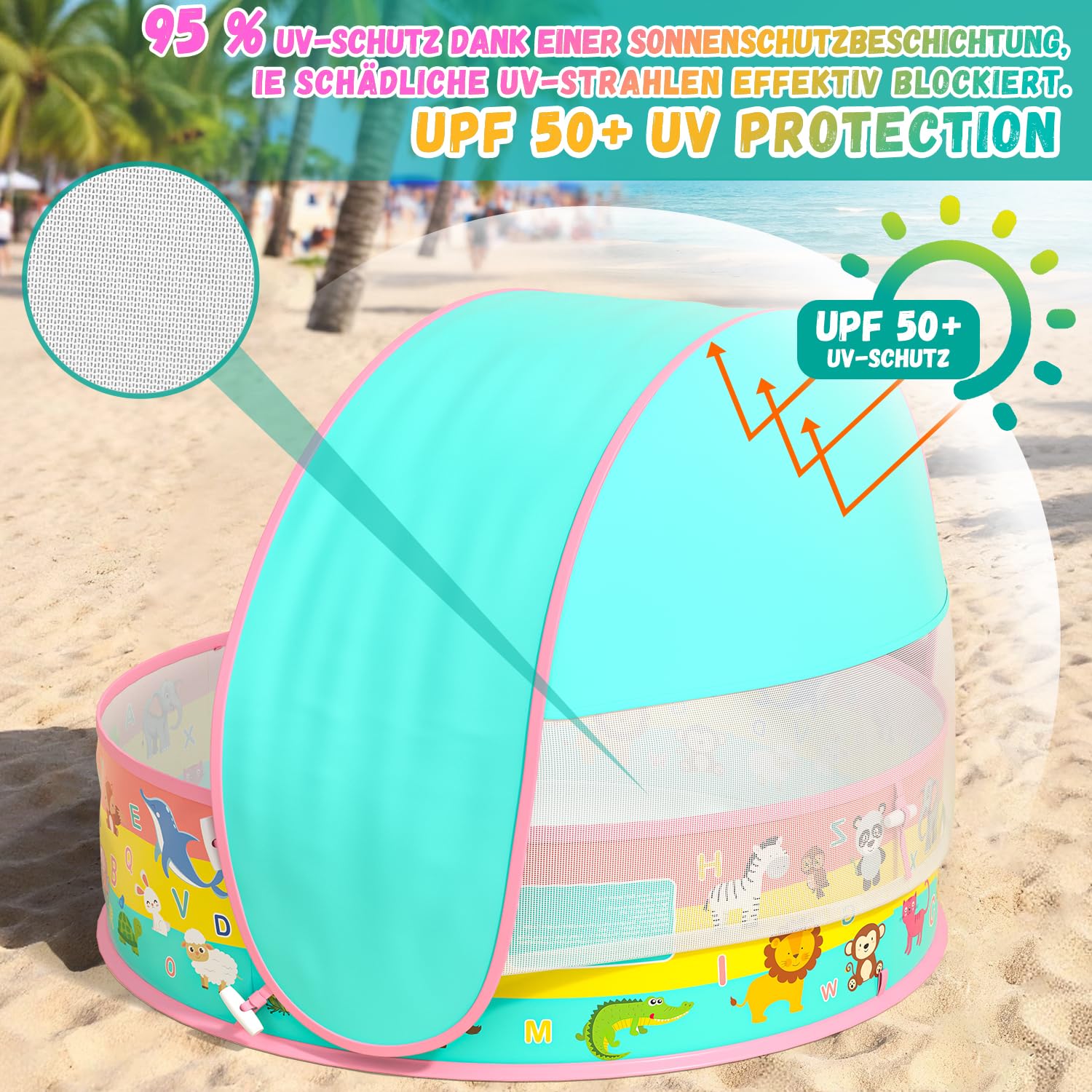 Baby Planschbecken mit Dach UV Schutz 50+ Pop-Up Strandmuschel 4 in 1 Portabler Baby Pool mit Sonnenschutz