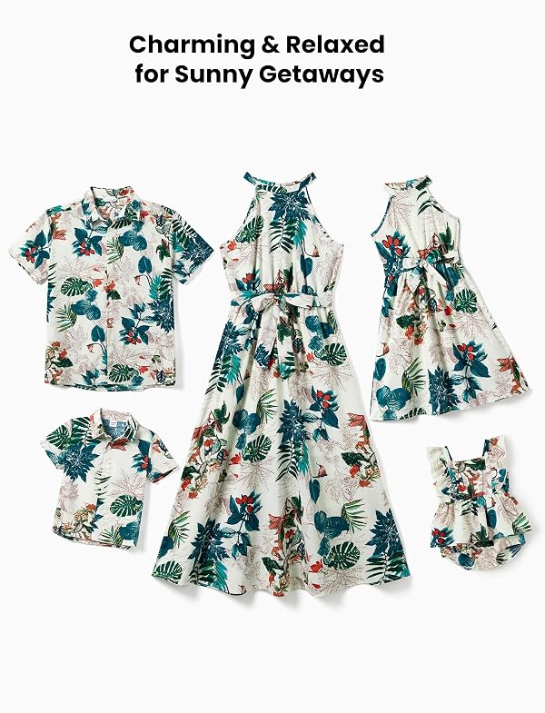 PATPAT Family Floral Outfits Tropical Palm Leaf Print Beach Short Sleeve Polo Shirts Father Son Matching Hawaiian Shirts White for Men by PATPAT - Used condition - Image 3