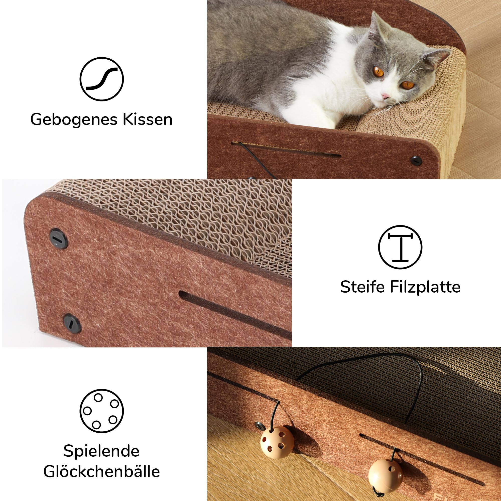 FUKUMARU Kratzbrett Katzen, 66CM langlebiges Kratzpappe und Filz, große Liege, 2 wendbare Katzenkratzpads für Katzen, recycelbares Katzenkratzbett aus Wellpappe mit Glockenballspielzeug, Karamellfarbe