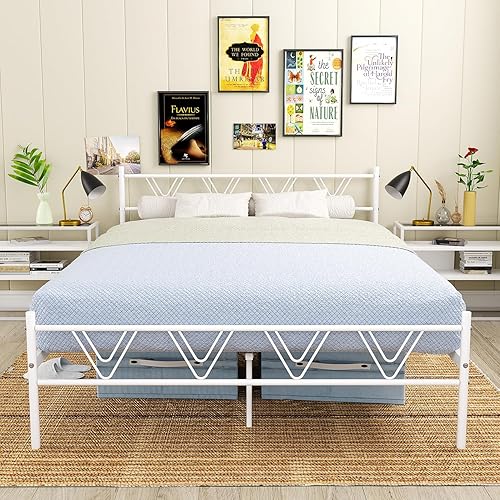 White Double Bed Frame Full Size Bed Frames No Box Spring Needed, Full Size Bed Frame with Headboard/No Squeaky/Easy to Assemble/Victorian Style