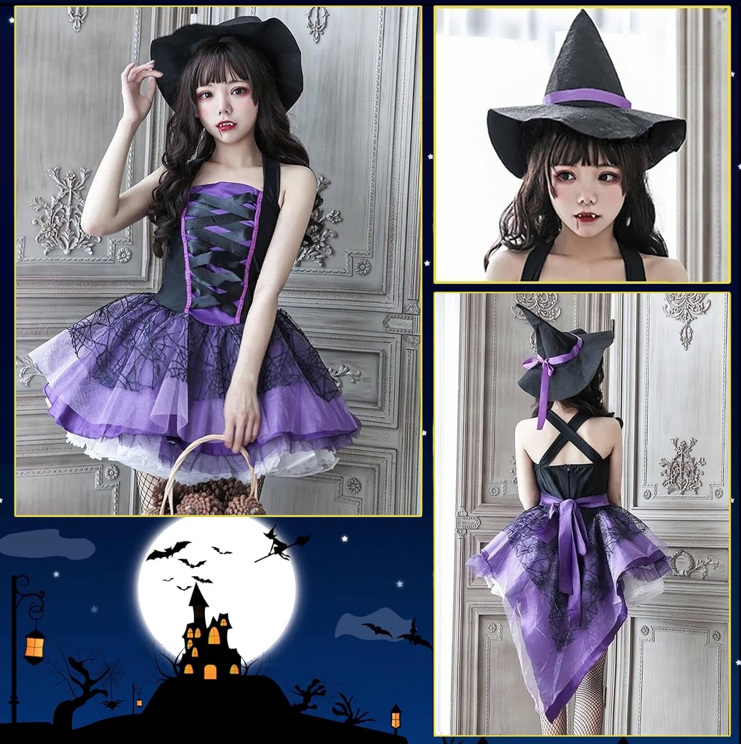 [MEYOIJK] ハロウィン 魔女 コスプレ レディース 大人 悪魔 死神 吸血鬼 可愛い セクシー ゴスロリ ワンピース 燕尾服 パープル ミニ丈 ハロウィン 仮装 衣装 帽子 タトゥーシール付き パーティー イベント 演出服