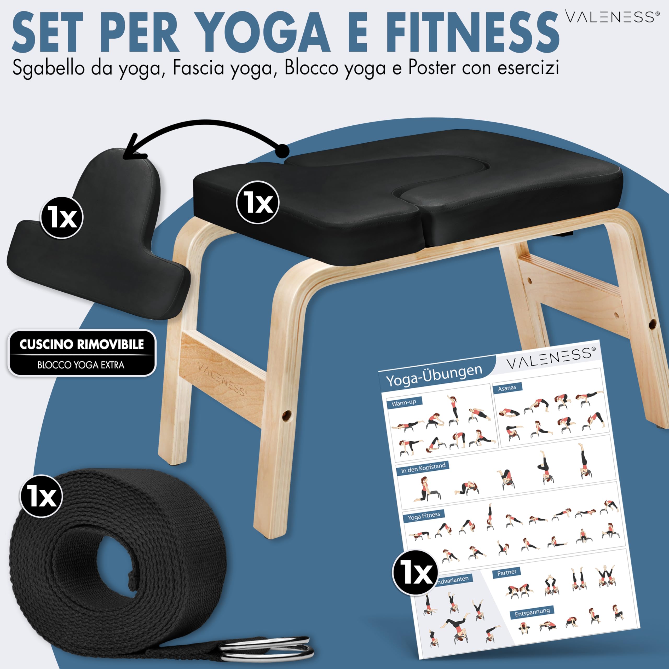 VALENESS® Sgabello Yoga per Verticali - Sgabello Yoga Headstand con Fascia, Poster e Blocco Esercizi - Seduta Yoga per Esercizi Headstand in Legno Massiccio - Attrezzatura e Accessori Yoga a Casa