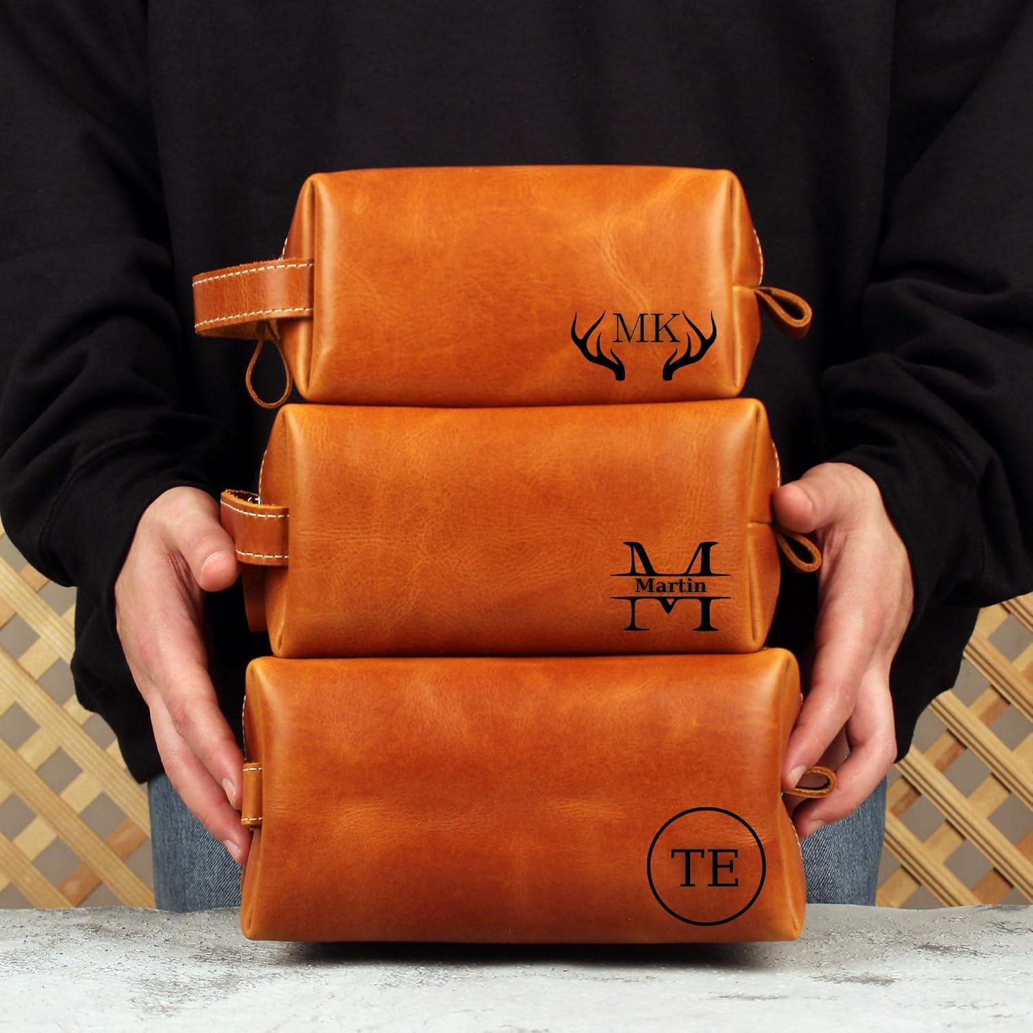 Personalized Travel Toiletry Bag for Men Premium Genuine Leather Dopp Kit for Men, Leather Dopp Kit Light Brown Large