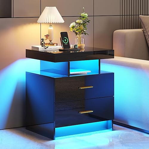 Miniatura 40 de HNEBC Mesita de noche LED, mesita de noche negra con estación de carga, USB + tipo C + carga inalámbrica, mesita de noche inteligente con sensor