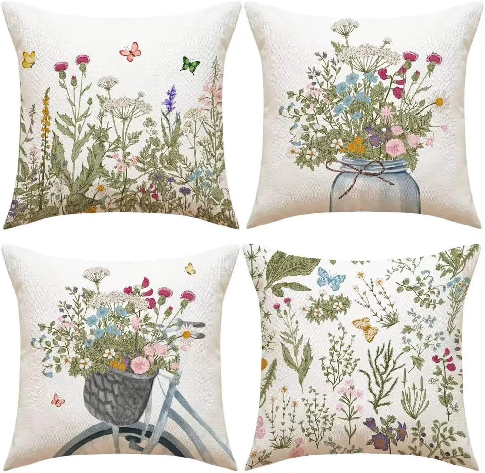 Heaen Outdoor Cushions Covers Waterproof 35x35 cm Set of 4 Square Linen Pillow Cases Wildflowers Landscapes Decorative Dushions for Sofa Porch Patio Home Decor