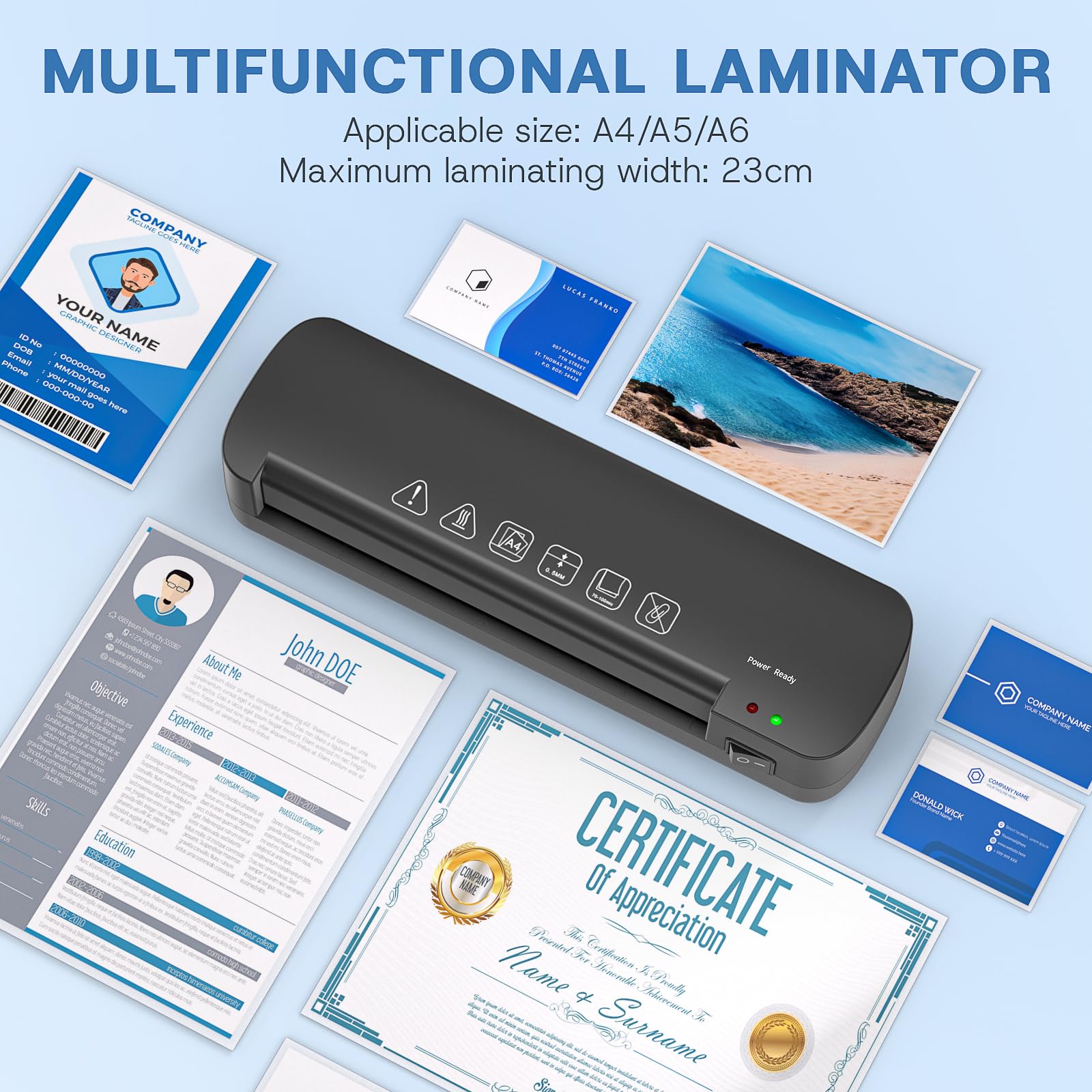 Laminator A4 Termiczna Maszyna do Laminowania na Gorąco z 15 Foliami Laminacyjnymi 70–100 Mikronów do Dokumentów A4 A5 A6, Zdjęć, Biura, Domu, Szkoły, Restauracji, Czarny