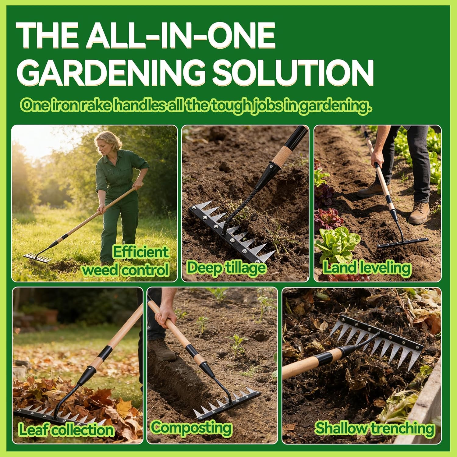 Gardenia Iron Weeding Rake with Handle 3.0,Heavy Duty Iron Rake for Gardening and Weeding,2026 Upgraded 9-Tine Garden Weed Puller Tool, Garden Weed Rake Tool for Removing Weeds,Soil Aeration (9 Teeth)