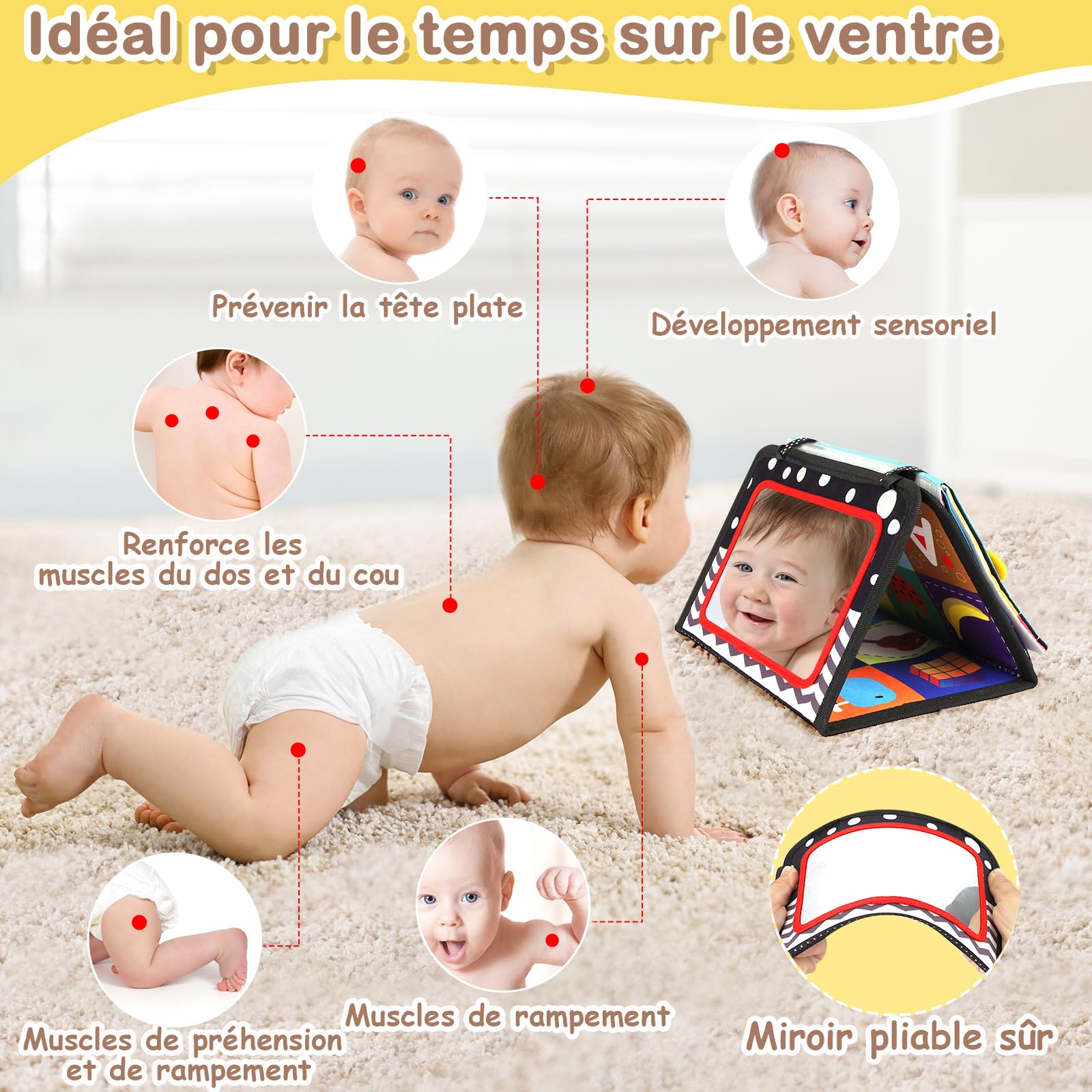 URMYWO Jouet Bebe 0-3-6-9-12 Mois - Miroir d'Éveil Pliable avec Jouet de Dentition et Livre Papier froissé Sensoriel - Montessori Noir et Blanc à Motifs Contrastés pour l'Éveil des Bébés