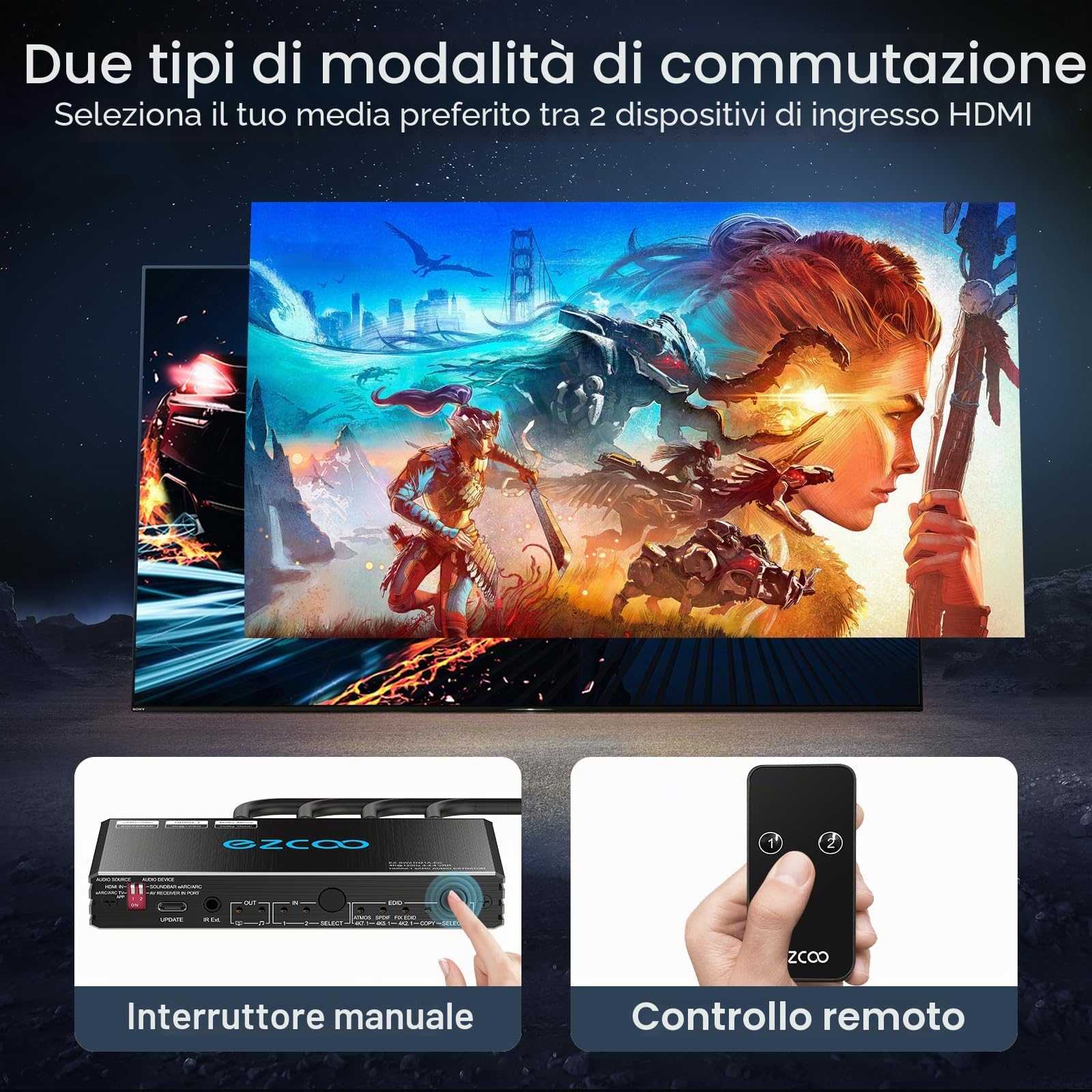 Interruttore estrattore audio 4K 120Hz HDMI 2.1 eARC 2x2 VRR ALLM HDCP2.3 ARC HDR10 CEC SPDIF Uscita audio ottica HDMI Switch 2 in 2 uscite IR remoto D-olby Digital EDID per PS5 XBOX NVIDIA