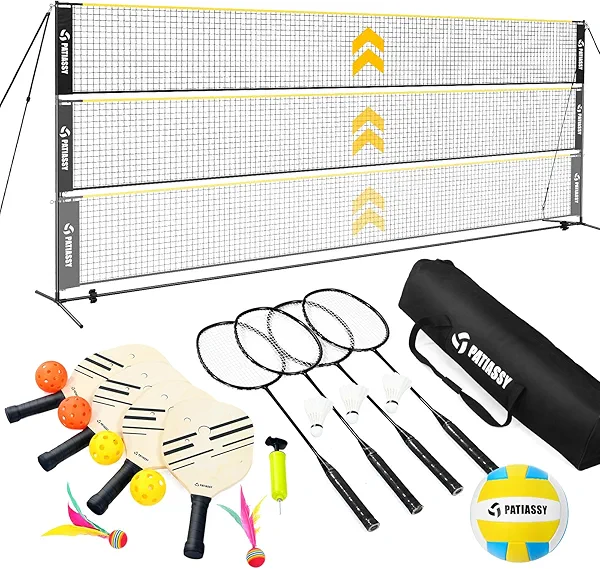 Patiassy 5.1ft-7.4ft Adjustable Height Volleyball Badminton Pickleball Net Set 17ft Sports Net with Poles, 4 Badminton Rackets, 3 Shuttlecocks, 4 Pickleball Paddles and Volleyball