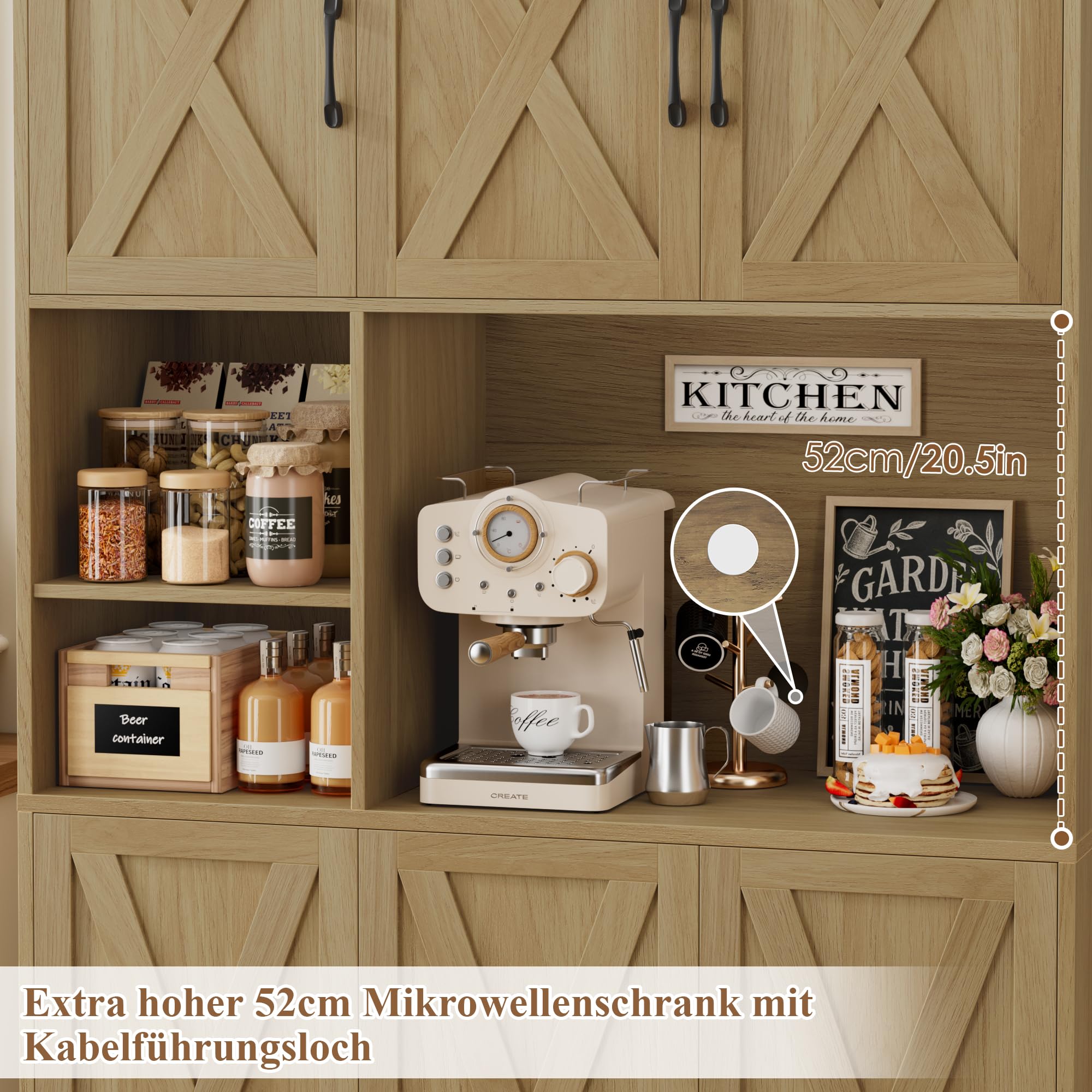 HOCSOK Credenza Cucina, Alta Dispensa Cucina con 6 Armadietti, Rimovibile Portabottiglie da parete con porta calici, Microonde con Ripiani Aperti, mobile soggiorno, Bianco (Marrone)