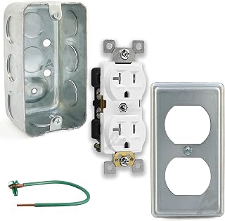AirmontProducts 2x4 Outlet Box Kit: Tamper-Resistant 20A Duplex Receptacle, Utility Cover, Green Ground Wire & Screw - Complete Handy Box Set