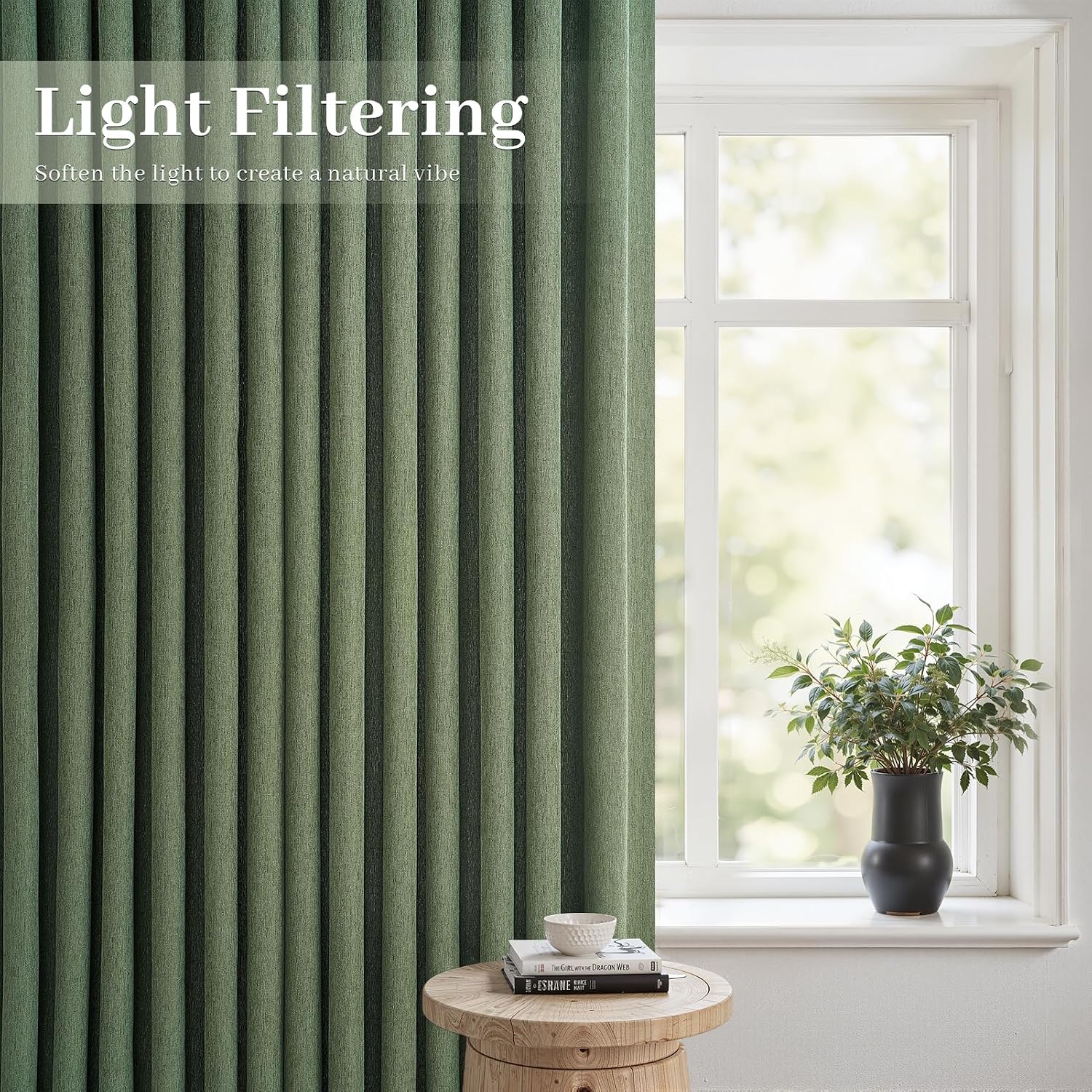 Olive Green Pleat Memory Shape Linen Curtains 90 Inch Length 2 Panels for Living Room, Cottagecore Farmhouse Loden Light Filtering Moss Office at Home Sheer Curtains 40"x90" Long image 5