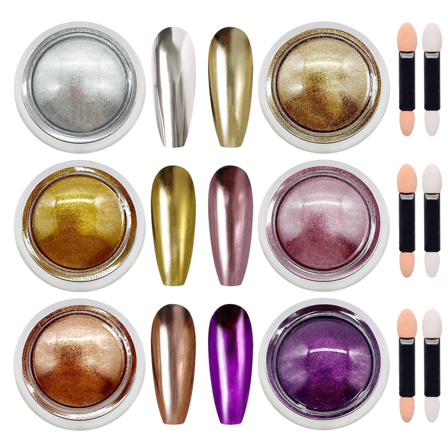 rubyface 6 colors chrome nail powder set,metallic mirror effect nail art powder,holographic pigment glitter dust for gel polish manicure decoration with 6 eyeshadow sticks (05)